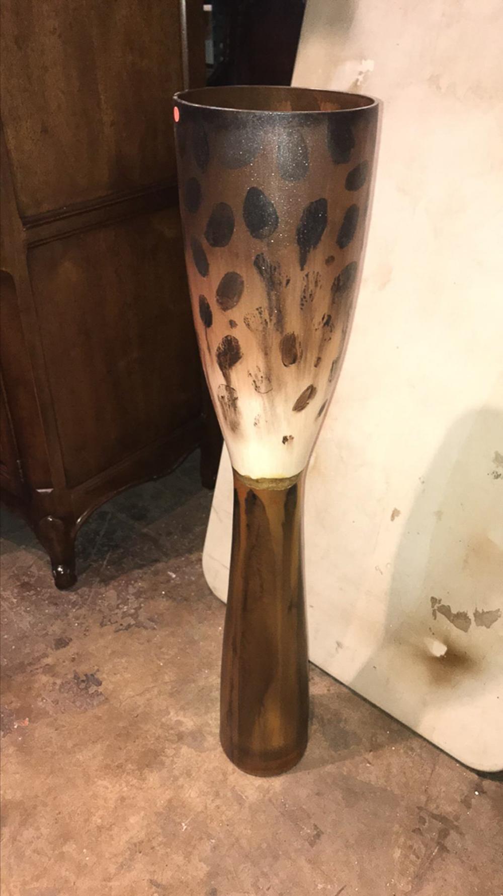 Glass vase, leopard pattern, 39 inches high, perfect condition.