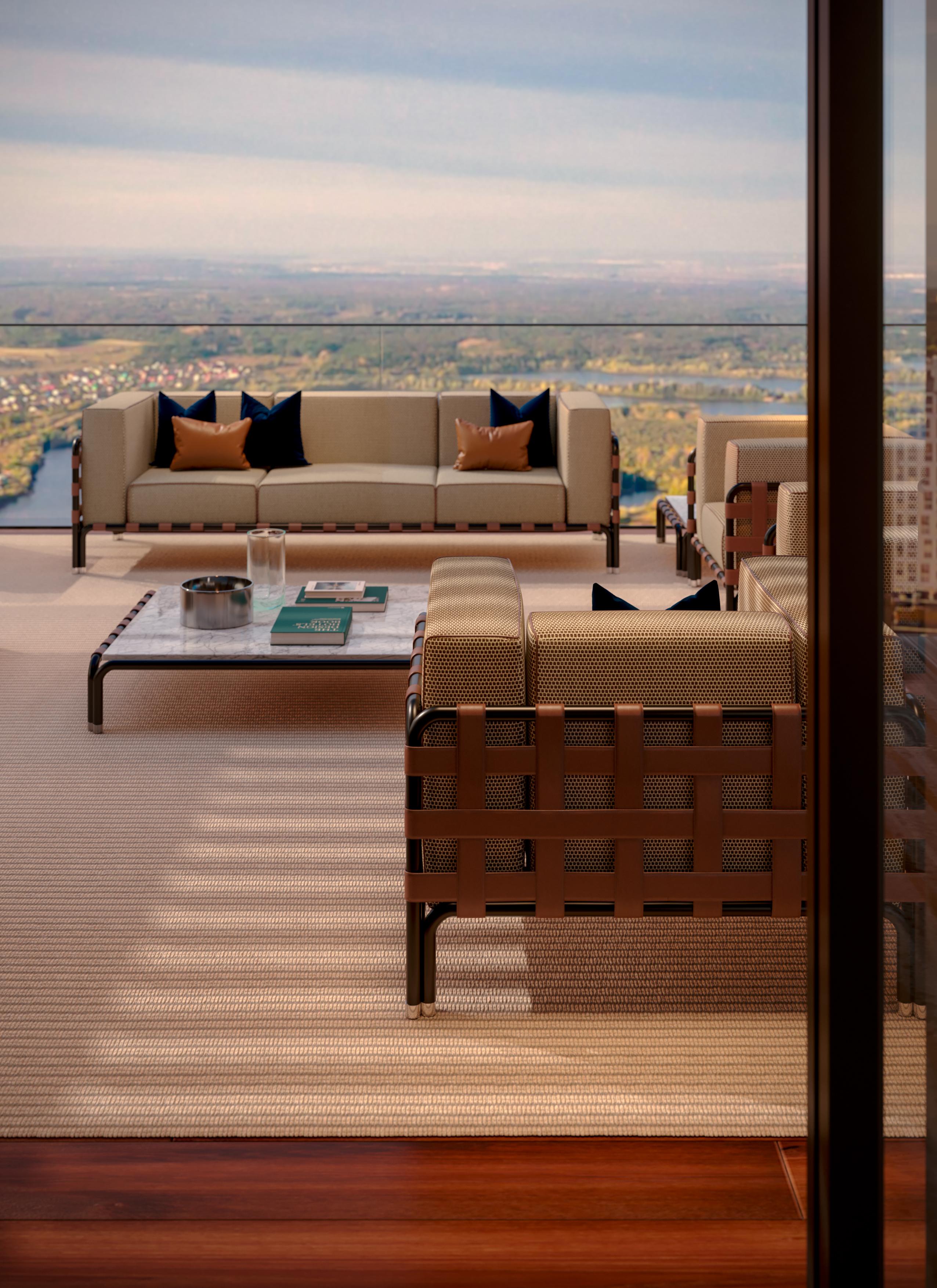 Sofa d'extérieur avec détails en tissu imperméable et en cuir en vente 3