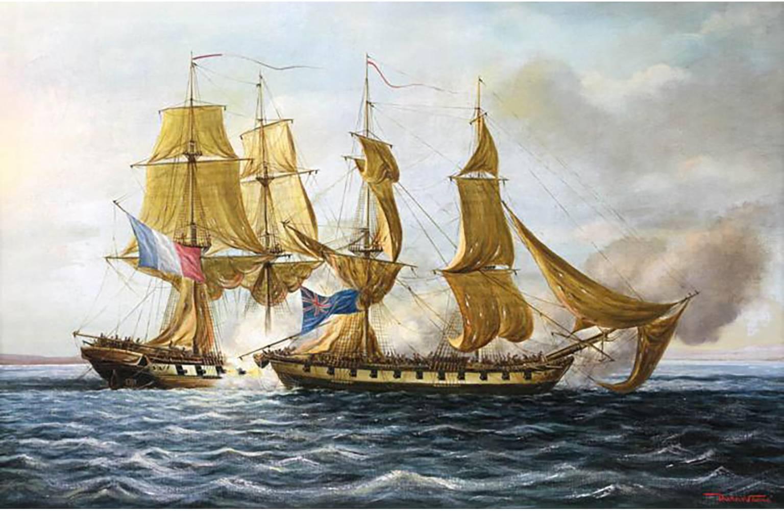 Großes Ölgemälde einer Marine von Duran Faine mit dem Titel „Zwölf Briggs im Kampf“ – Painting von Duran Faime