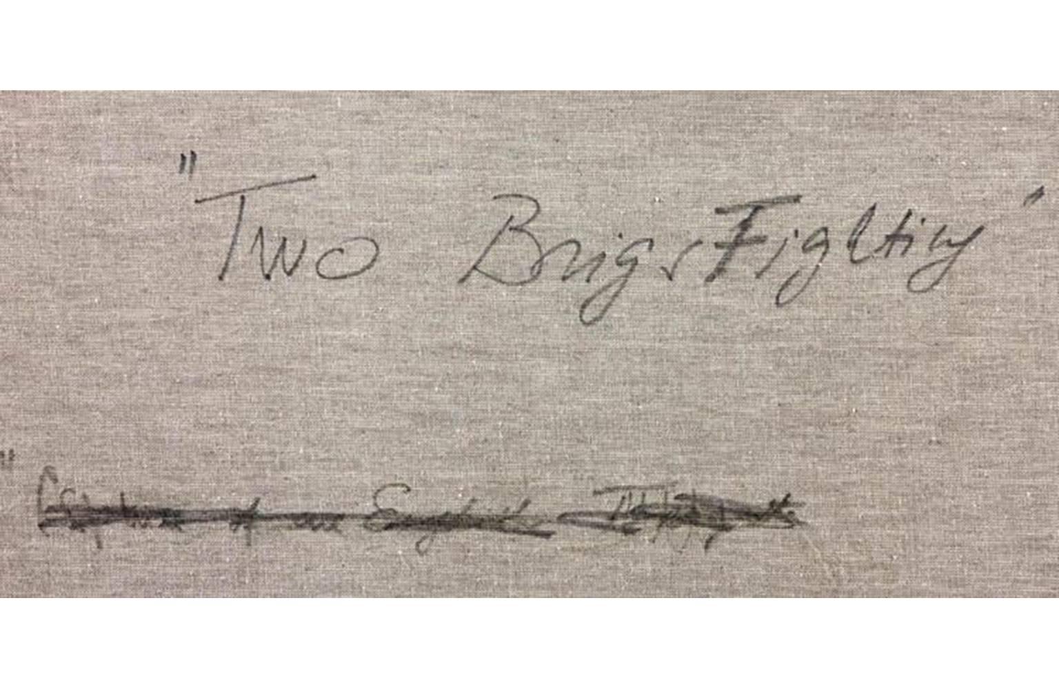 Englisches Ölgemälde der Marine:: Öl auf Leinwand des beliebten und bekannten englischen Künstlers Duran FAIN (XX) mit dem Titel „Two Brigs Fighting“ Öl auf Leinwand Signiert vom Künstler unten links auf der Leinwand Darstellung zwei Schiffe
