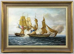 Large Marine Oil Painting by Duran Faine Entitled "Two Brigs Fighting"