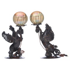 Vintage Durand Art Glass Bronze Pegasus Lamps with Martin Bach Jr Loetz, Style Shades