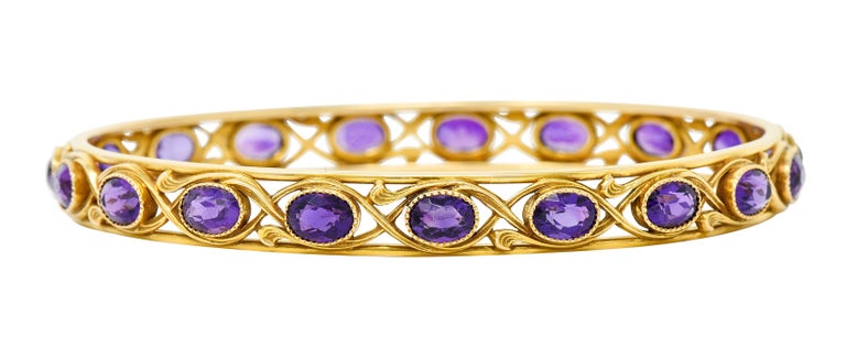 Durand & Co. Amethyst 14 Karat Yellow Gold Gemstone Bangle Bracelet In Excellent Condition For Sale In Philadelphia, PA