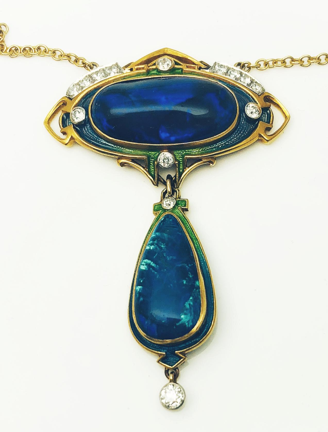 Durand & Company Rare Art Nouveau Gold, Black Opal and Diamond Necklace 2