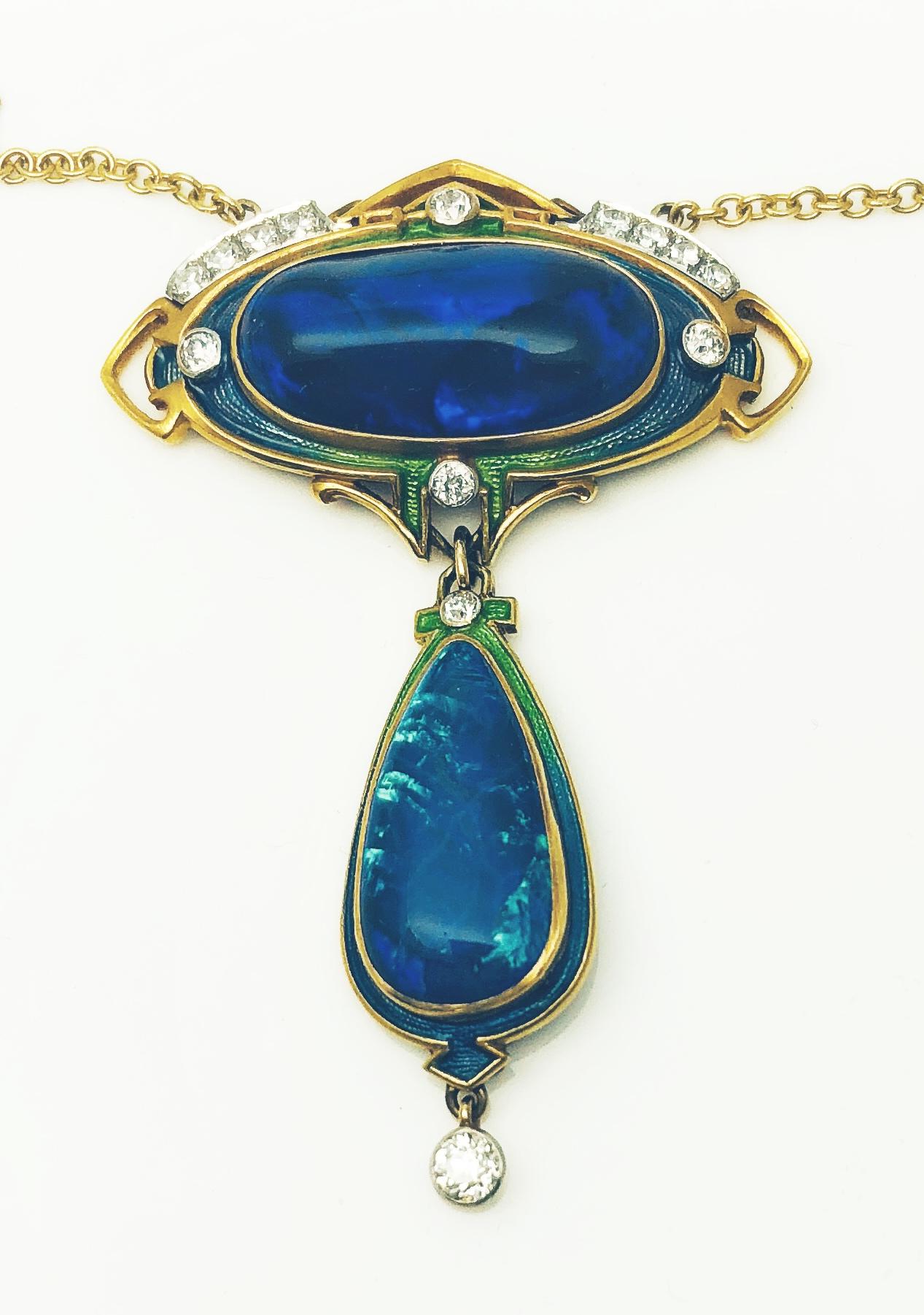 This is a Very Rare and absolutely stunning Durand and Company. Necklace! This Art Nouveau Necklace features a single, fine, oval, black opal that measures 23x12x5.8mm and weighs approximately 9 carats. The oval opal is set horizontally at the top