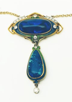 Durand & Company Rare Art Nouveau Gold, Black Opal and Diamond Necklace