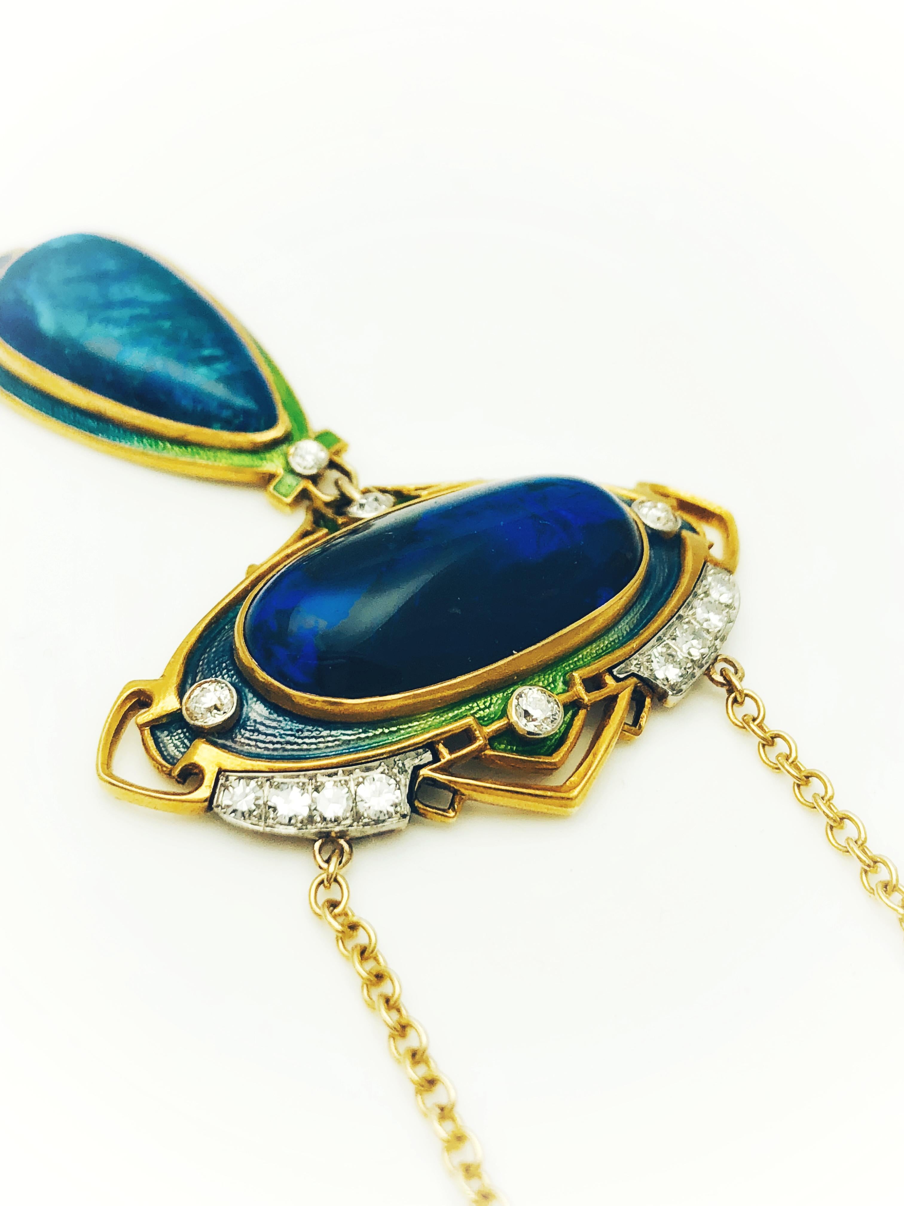 Old Mine Cut Durand & Company Rare Art Nouveau Gold, Black Opal and Diamond Necklace