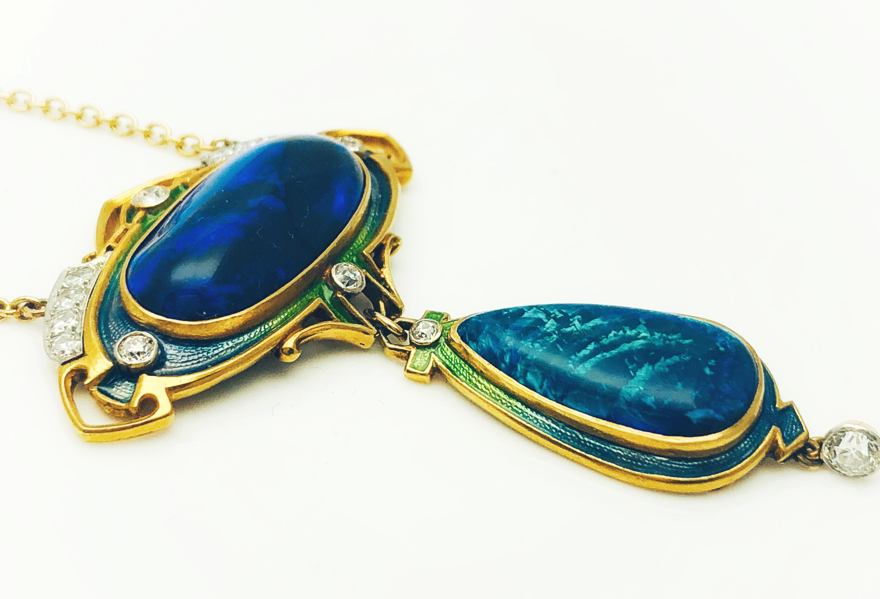 Durand & Company Rare Art Nouveau Gold, Black Opal and Diamond Necklace In Excellent Condition In Birmingham, AL