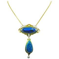 Antique Durand & Company Rare Art Nouveau Gold, Black Opal and Diamond Necklace
