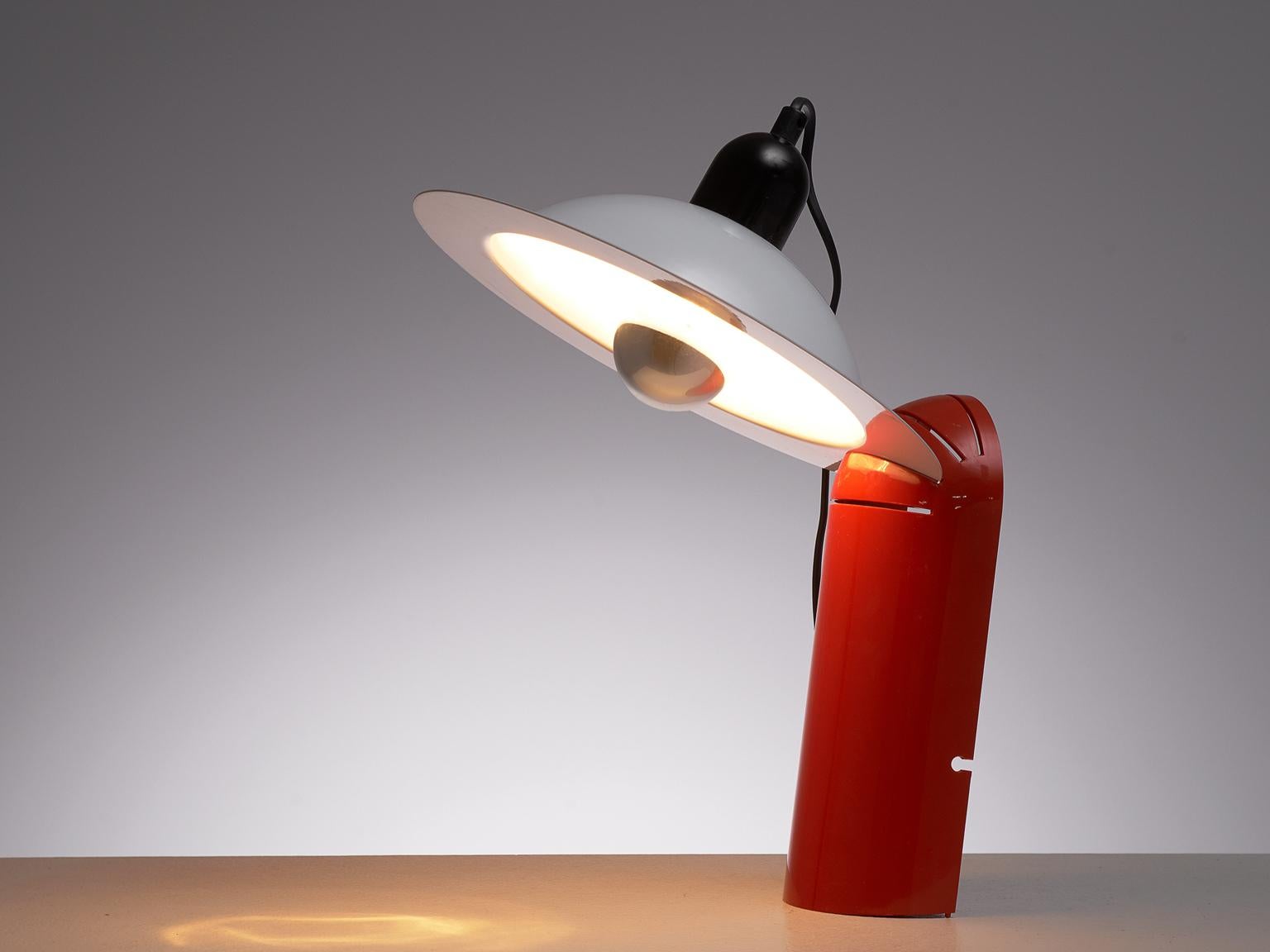 Jonathan de Pas, Donato d'Urbino, and Paolo Lomazzi for Stilnovo, lampiatta table lamp, Italy, 1971. 

It is made from lacquered metal and plastic and the lampshade can be moved to create different illumination effects. Bottom part in red. The
