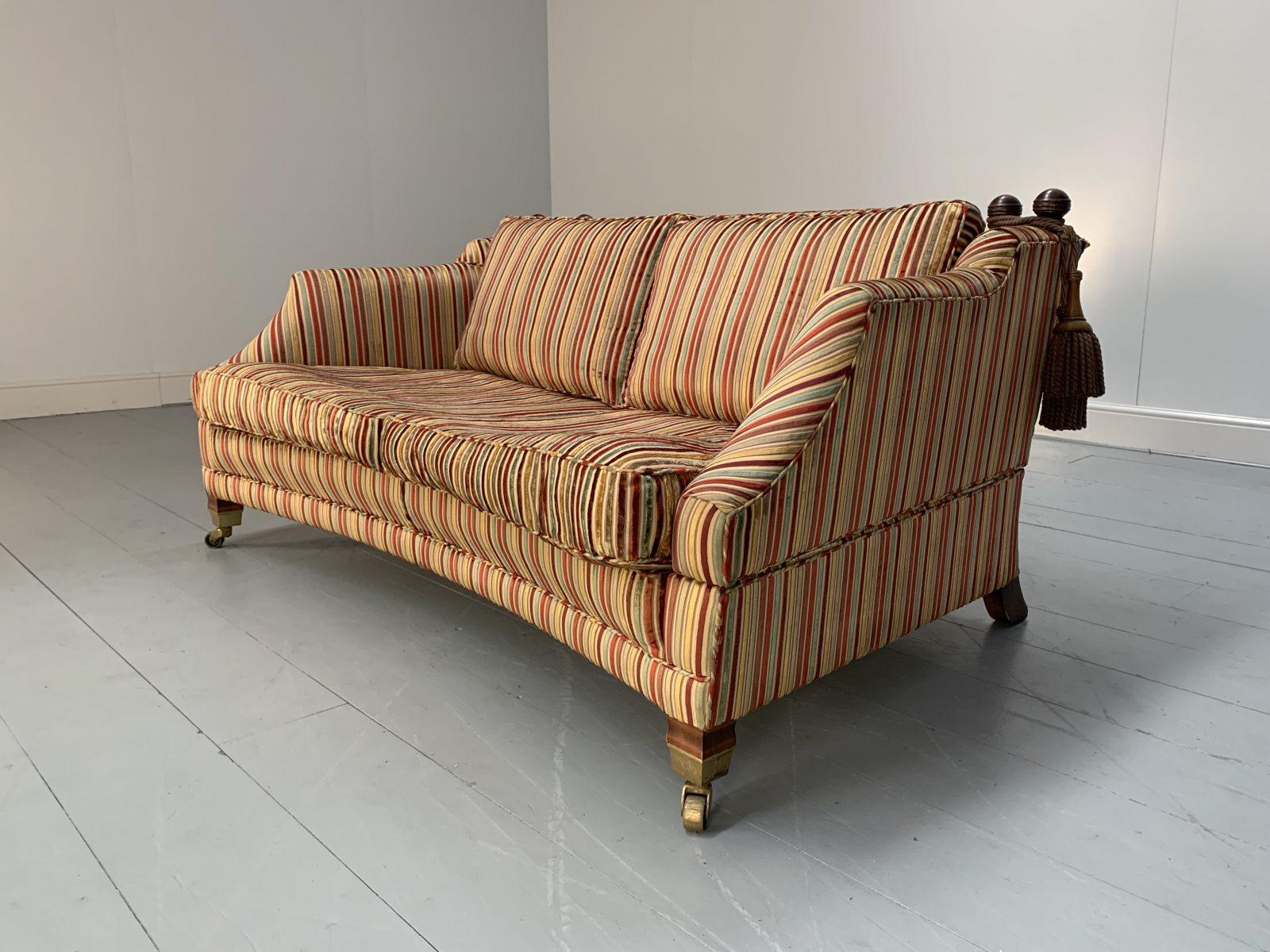 This is a superb, majestic Duresta “Hornblower” Large Cushion-Back 2.5-Seat Sofa, dressed in their stunning, tactile and unashamedly luxurious striped-velvet fabric in a myriad of bold, vibrant colours against a gold-background.

In a world of
