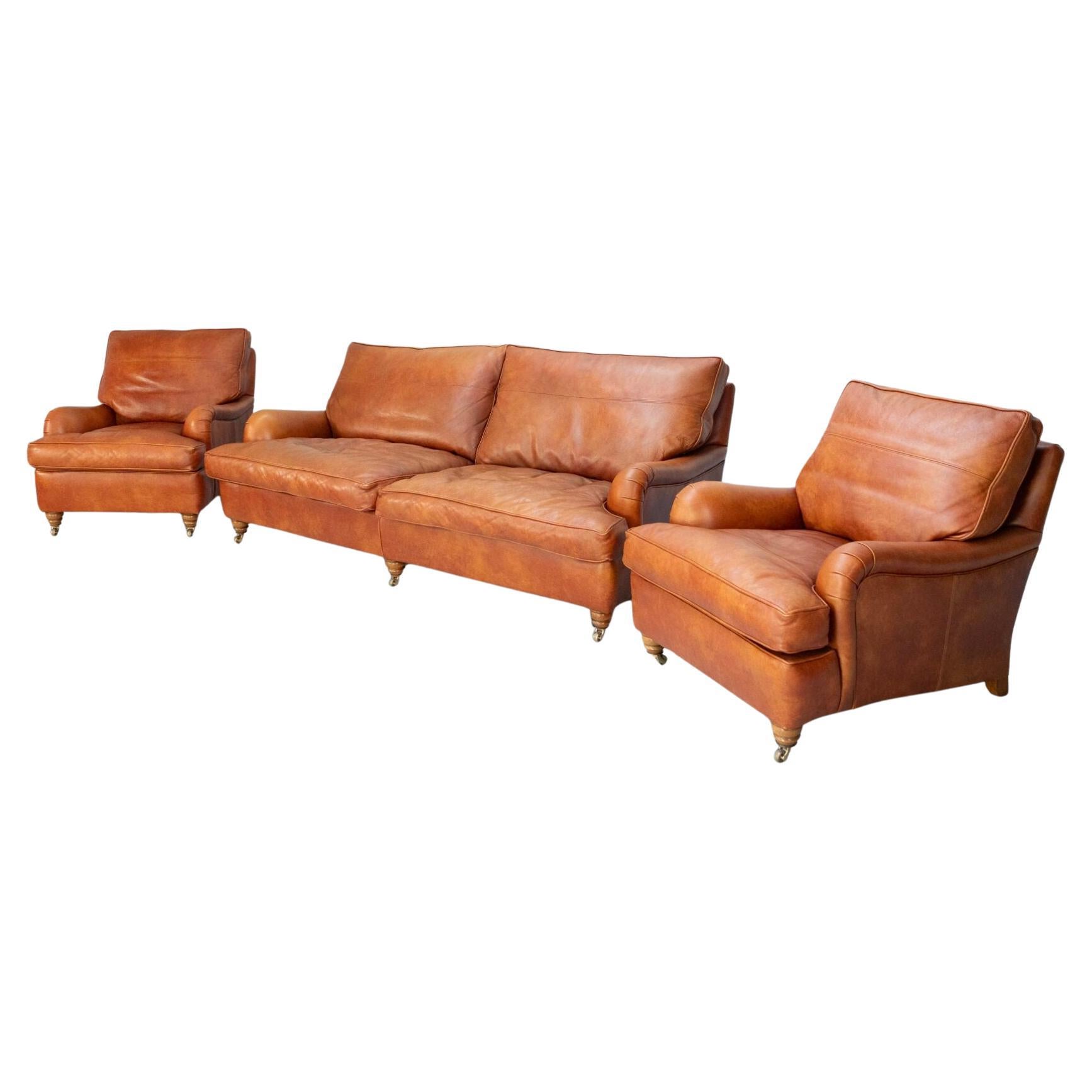 Duresta "Lansdowne" Sofa & 2 Armchair Suite - In Tan Brown "Niven" Leather