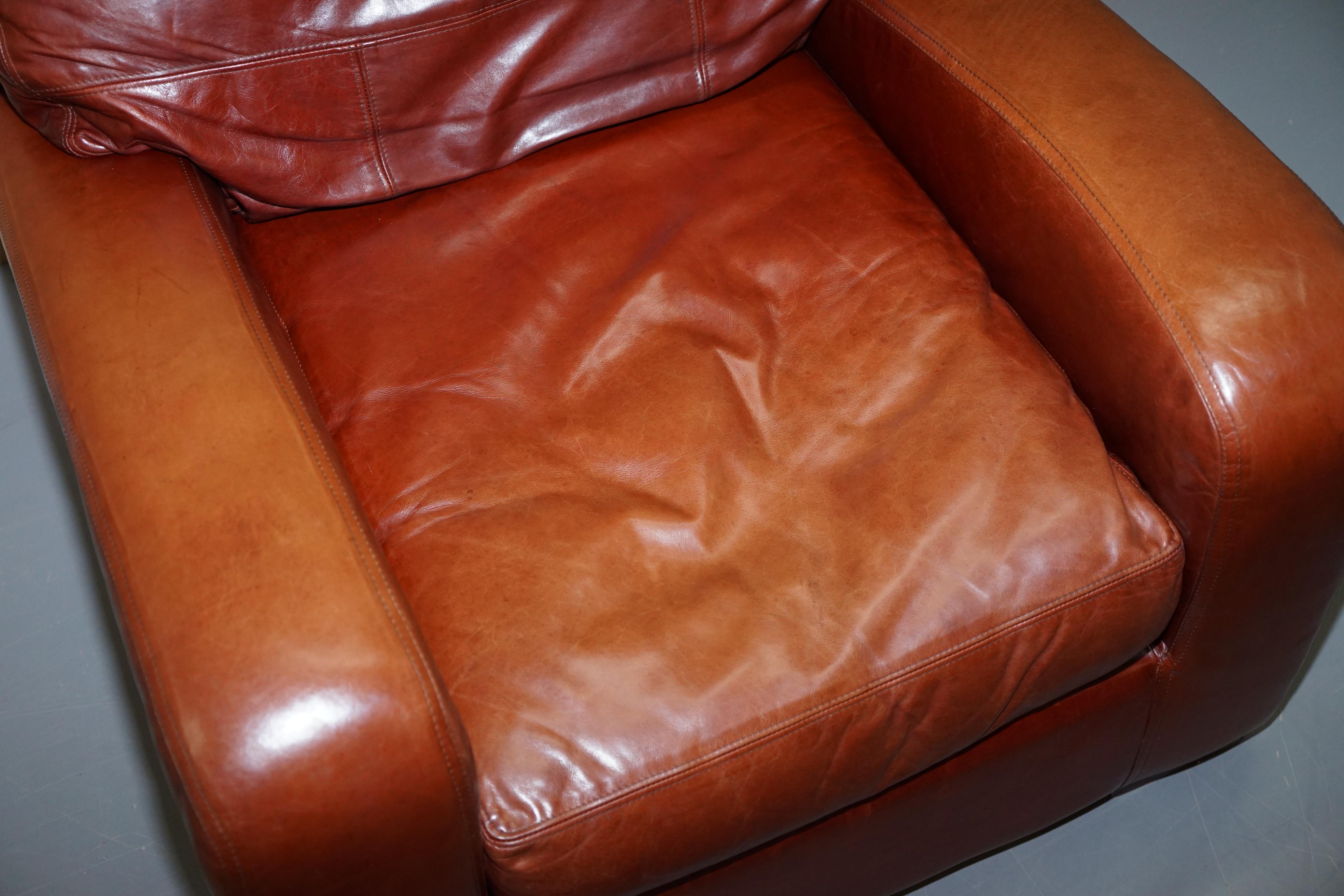 Art Deco Duresta Panther Aged Brown Heritage Leather Armchair Feather Cushion