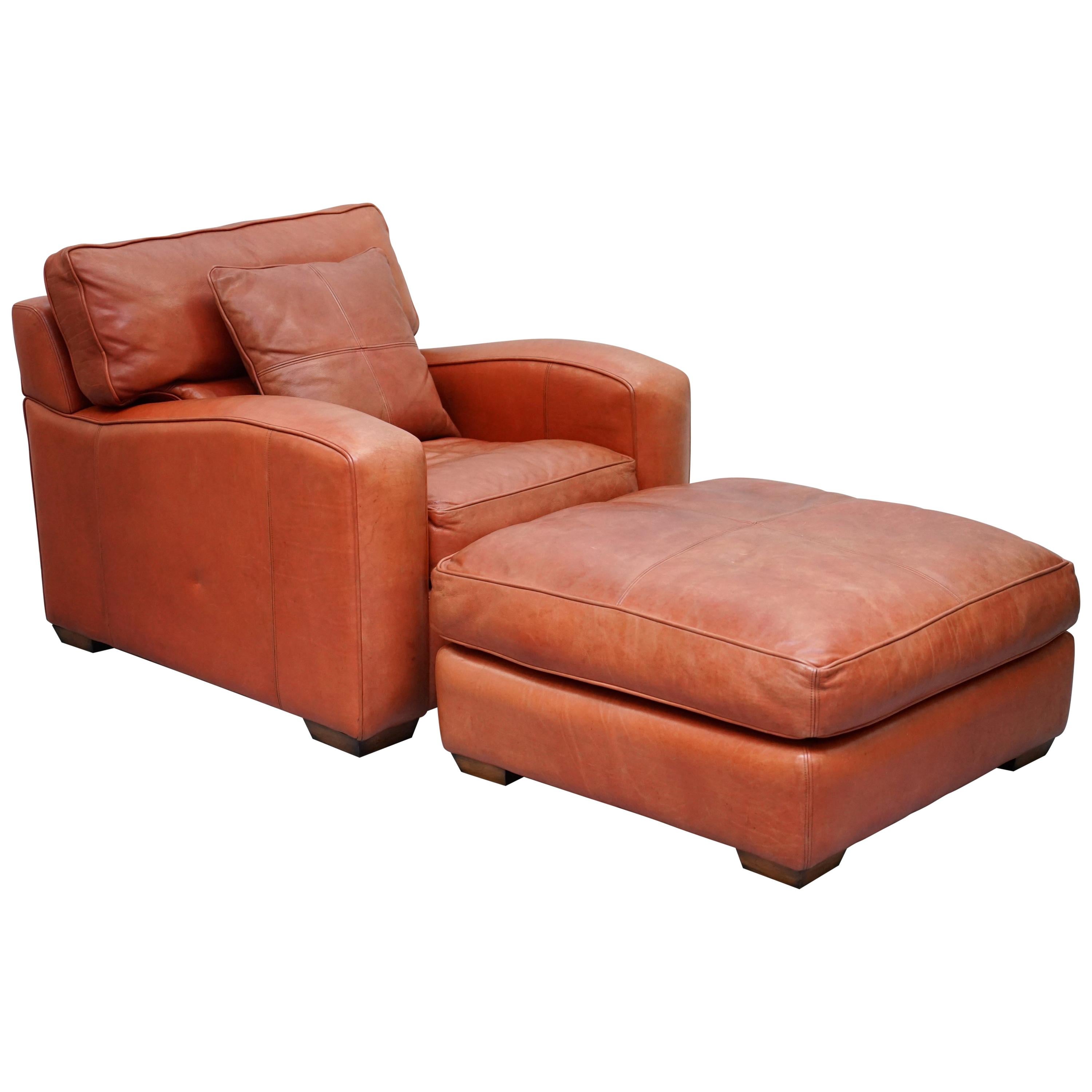 Duresta Panther Brown Leather Armchair and Oversized Plantation Stool