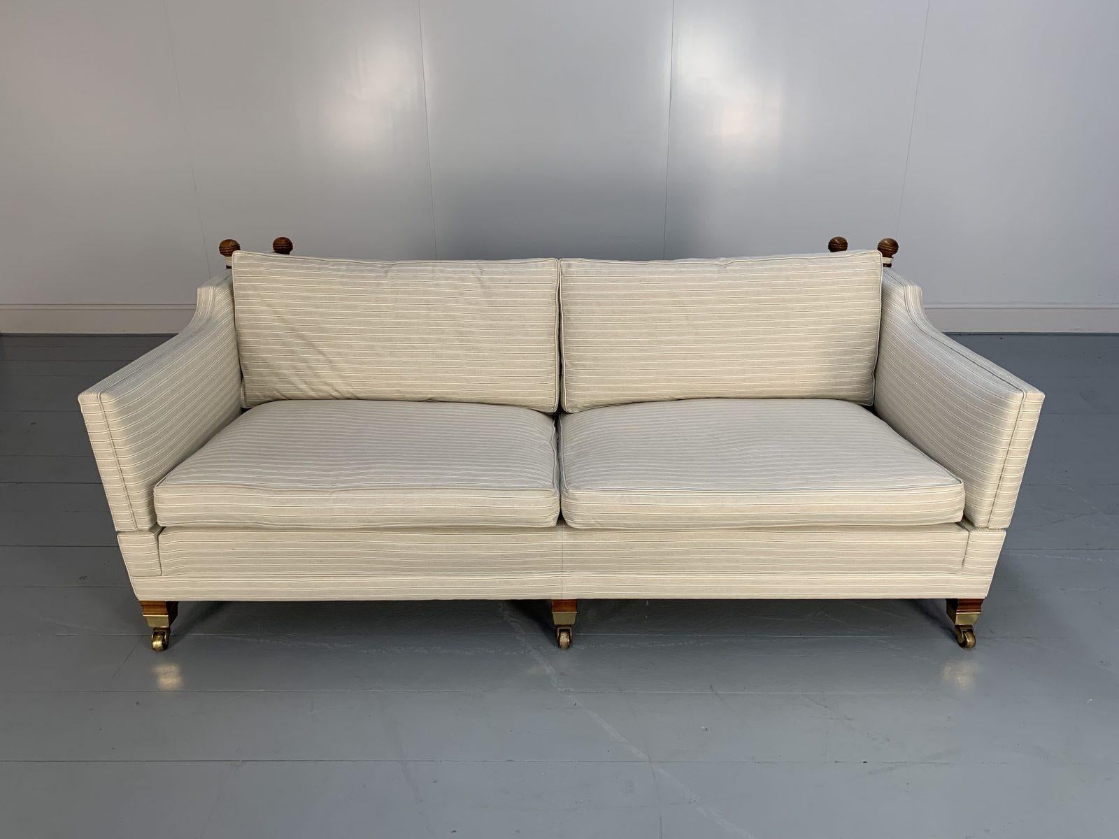 Contemporary Duresta “Trafalgar” Sofa & 2 Armchair Suite – In Navy Pinstripe Linen For Sale