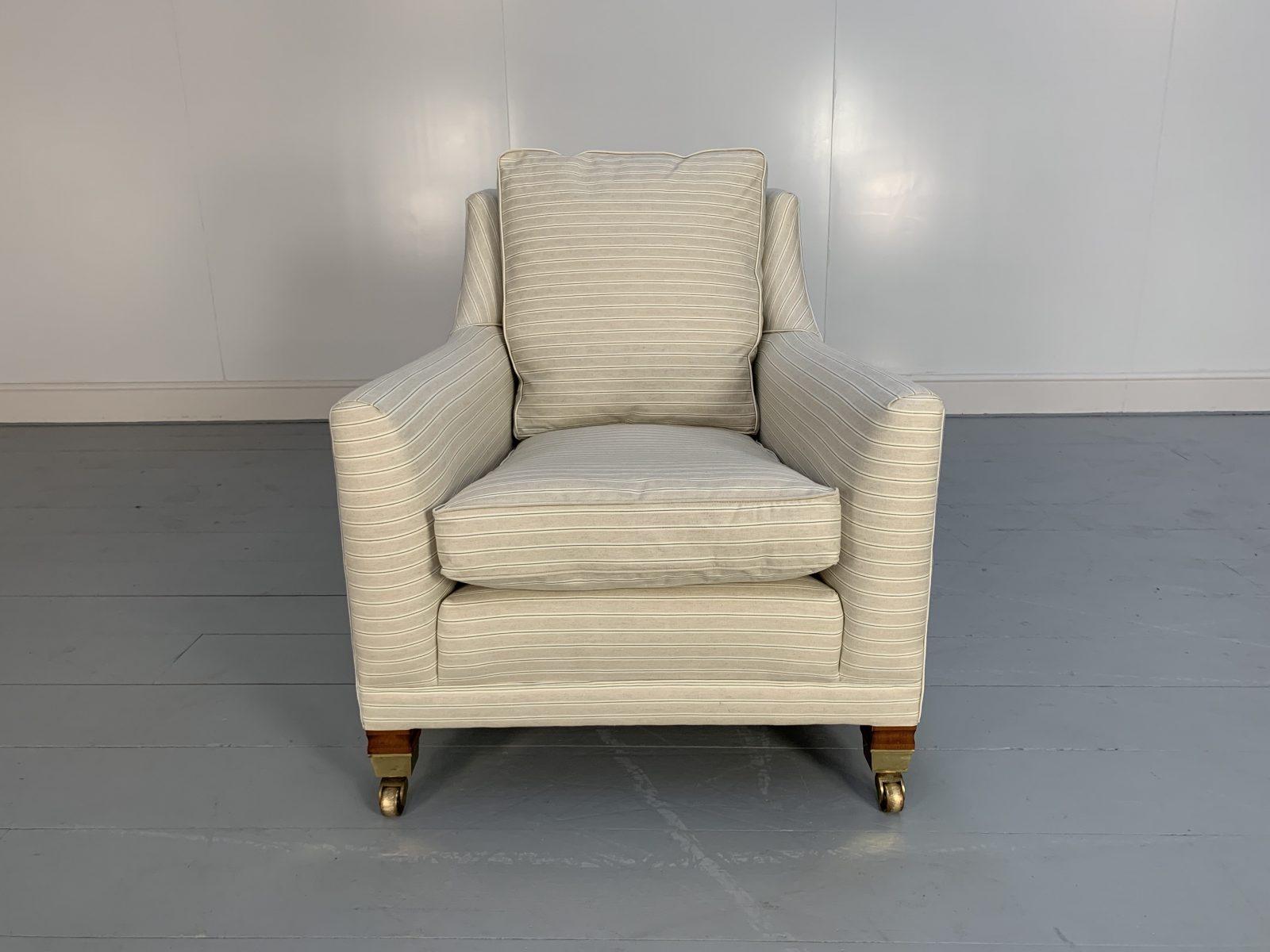 Duresta “Trafalgar” Sofa & 2 Armchair Suite – In Navy Pinstripe Linen For Sale 1
