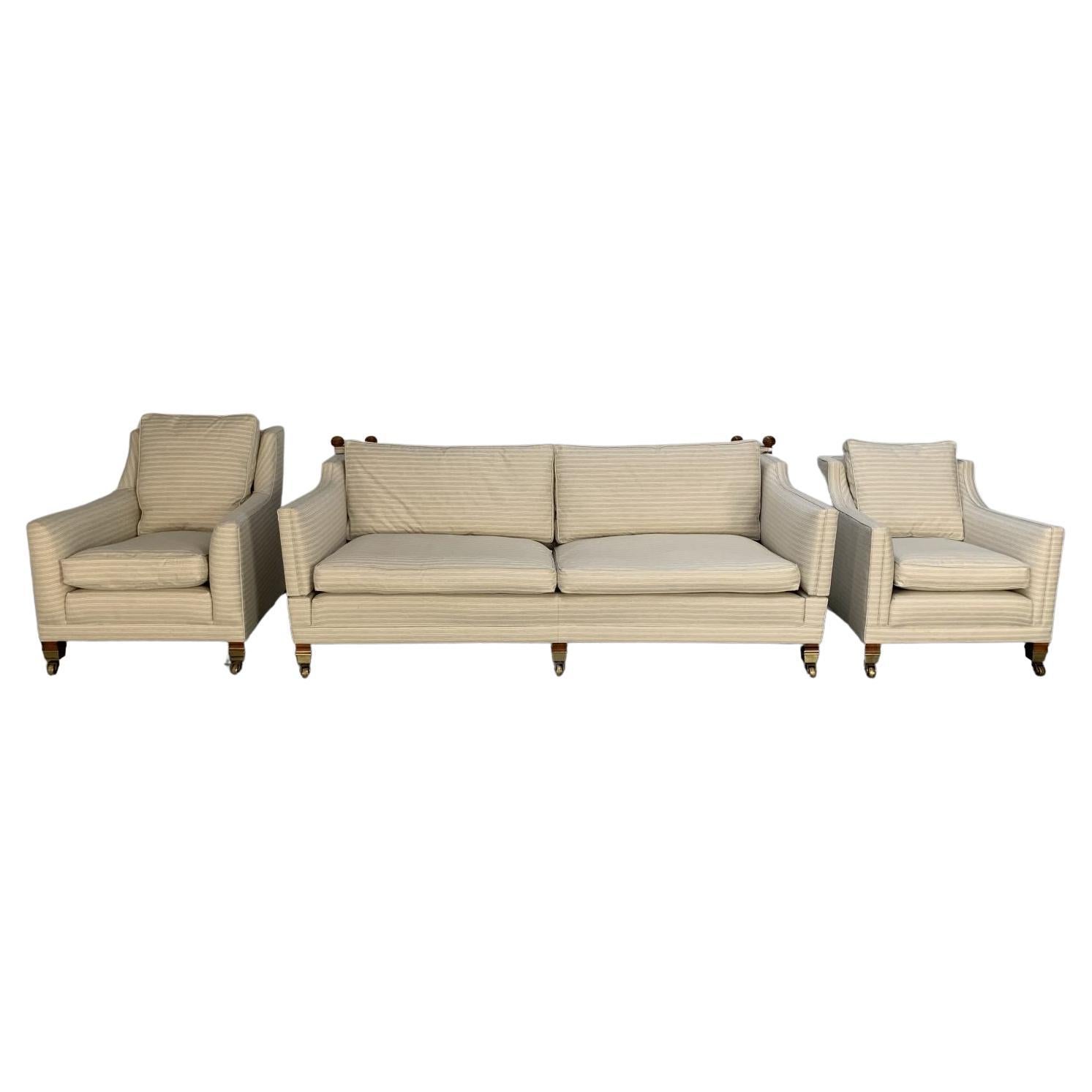 Duresta “Trafalgar” Sofa & 2 Armchair Suite – In Navy Pinstripe Linen For Sale