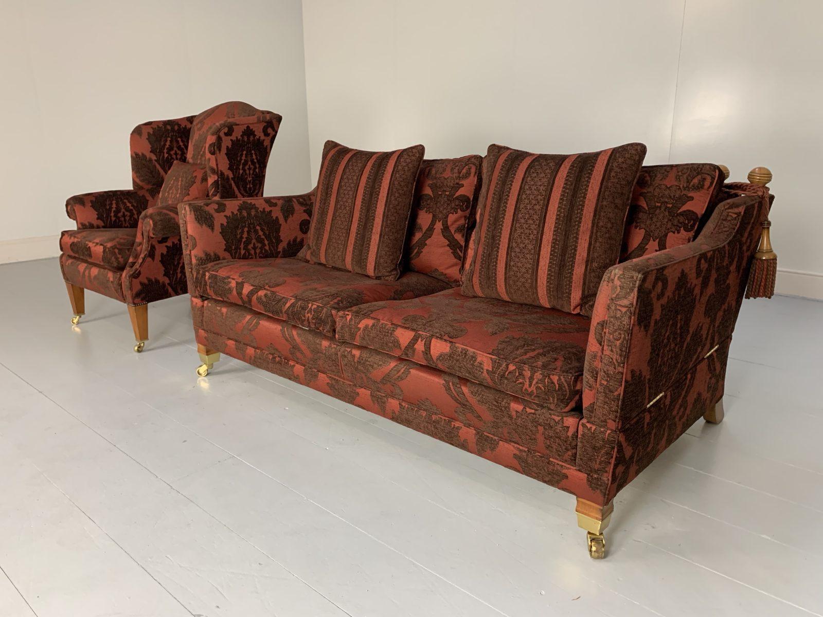 Duresta “Trafalgar” Sofa & “Devonshire” Armchair, in Deep Red Damask In Good Condition For Sale In Barrowford, GB