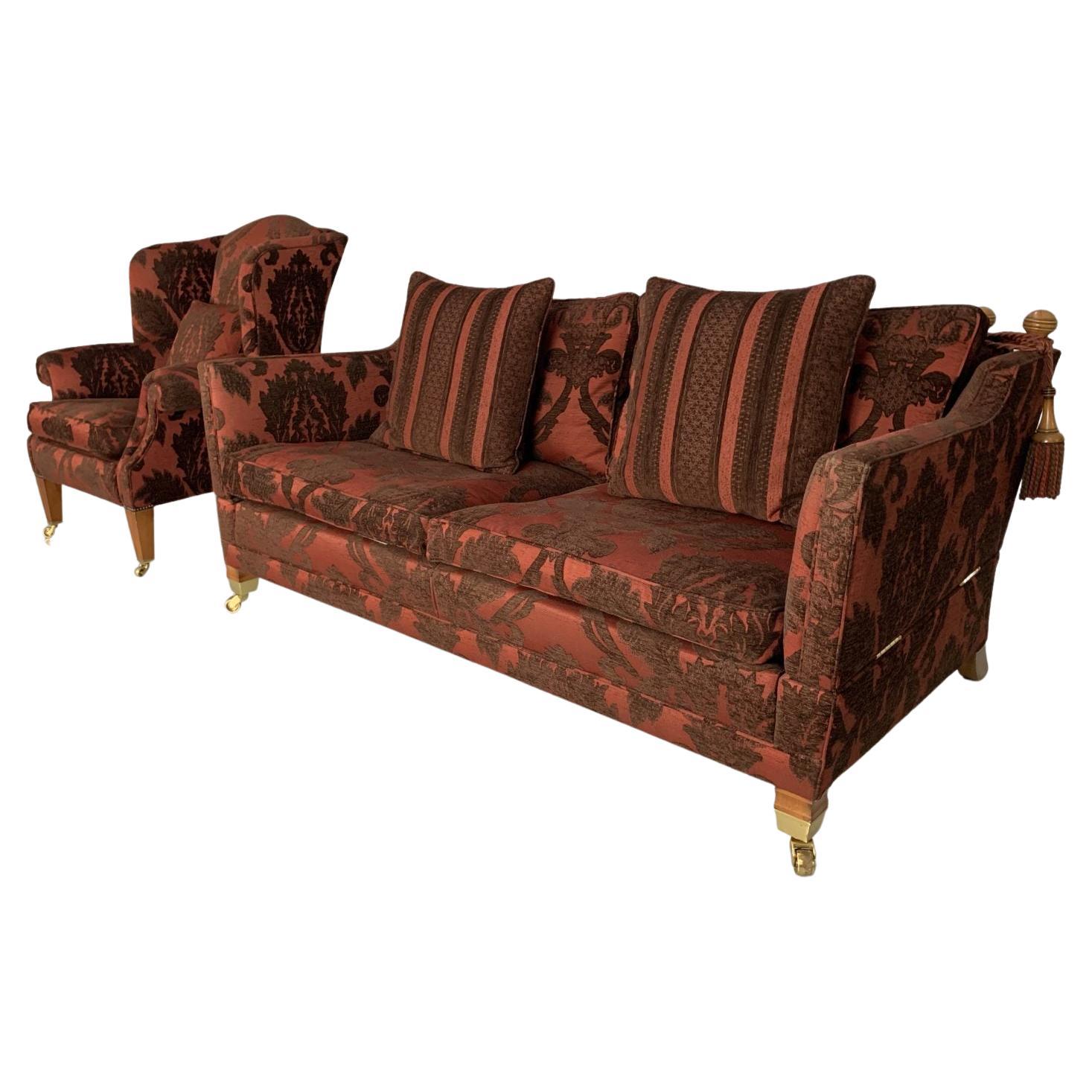 Duresta “Trafalgar” Sofa & “Devonshire” Armchair, in Deep Red Damask For Sale