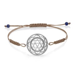 Durga Yantra Macrame Bracelet in 14Kt White Gold with Brown Cord Spiritual Gift