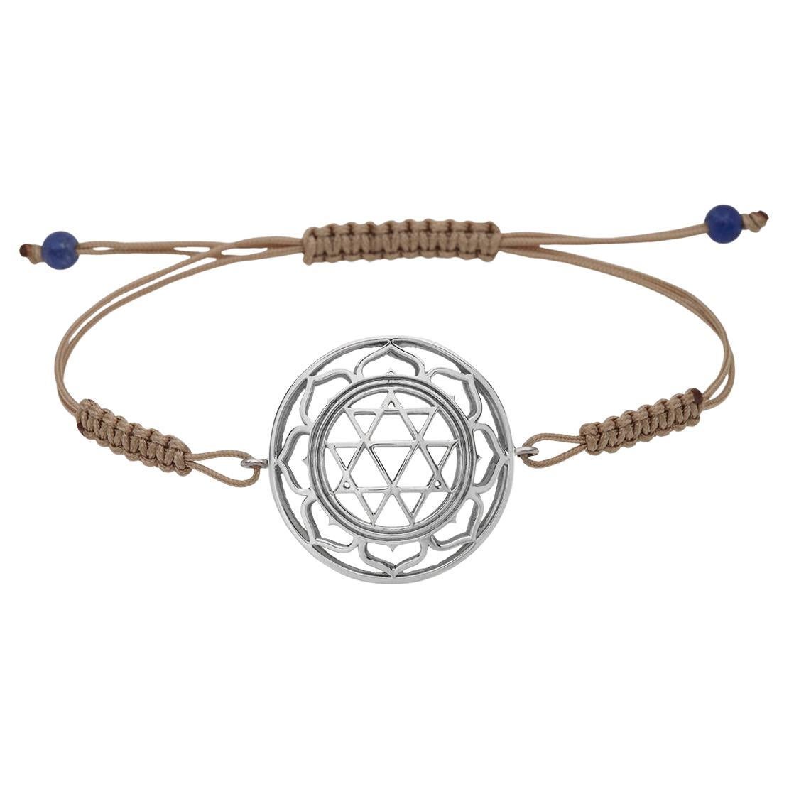 Durga Yantra Macrame Bracelet in 14Kt White Gold with Brown Cord Spiritual Gift For Sale