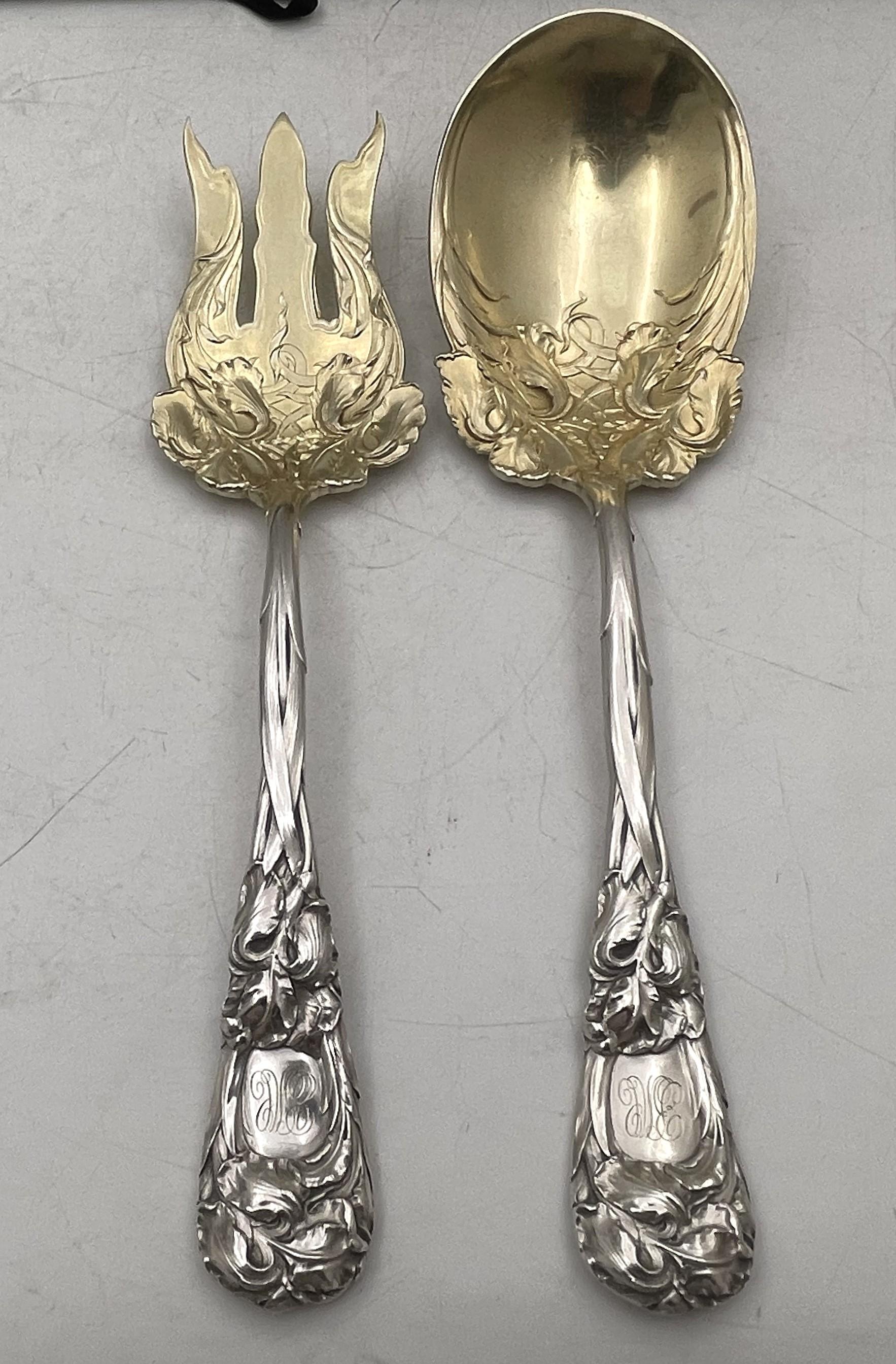 Durgin sterling silver salad serving set in the celebrated New Art Pattern and in Art Nouveau Style. In heavy gage and with gilt wash bowls, the fork and spoon are in crisp condition and measure 9 1/4'' in length. Hallmarks are shown.

William B.