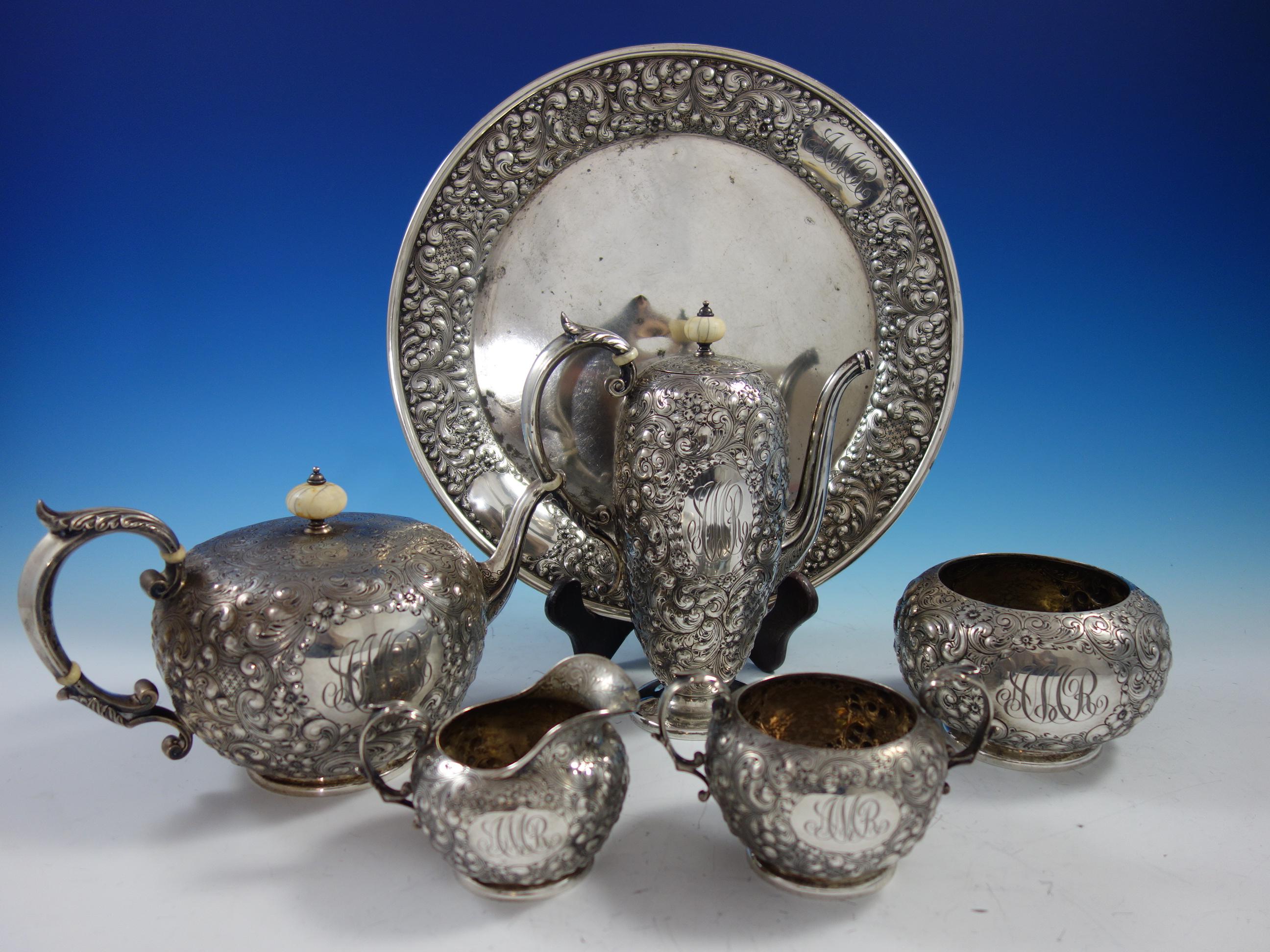 American Durgin Sterling Silver Tea Set 6pc Hand Chased Flowers Scrollwork '#2861'