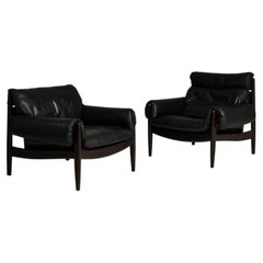 Durlet Black Wood Armchair, Leather Upholstery, French Design, 1970s