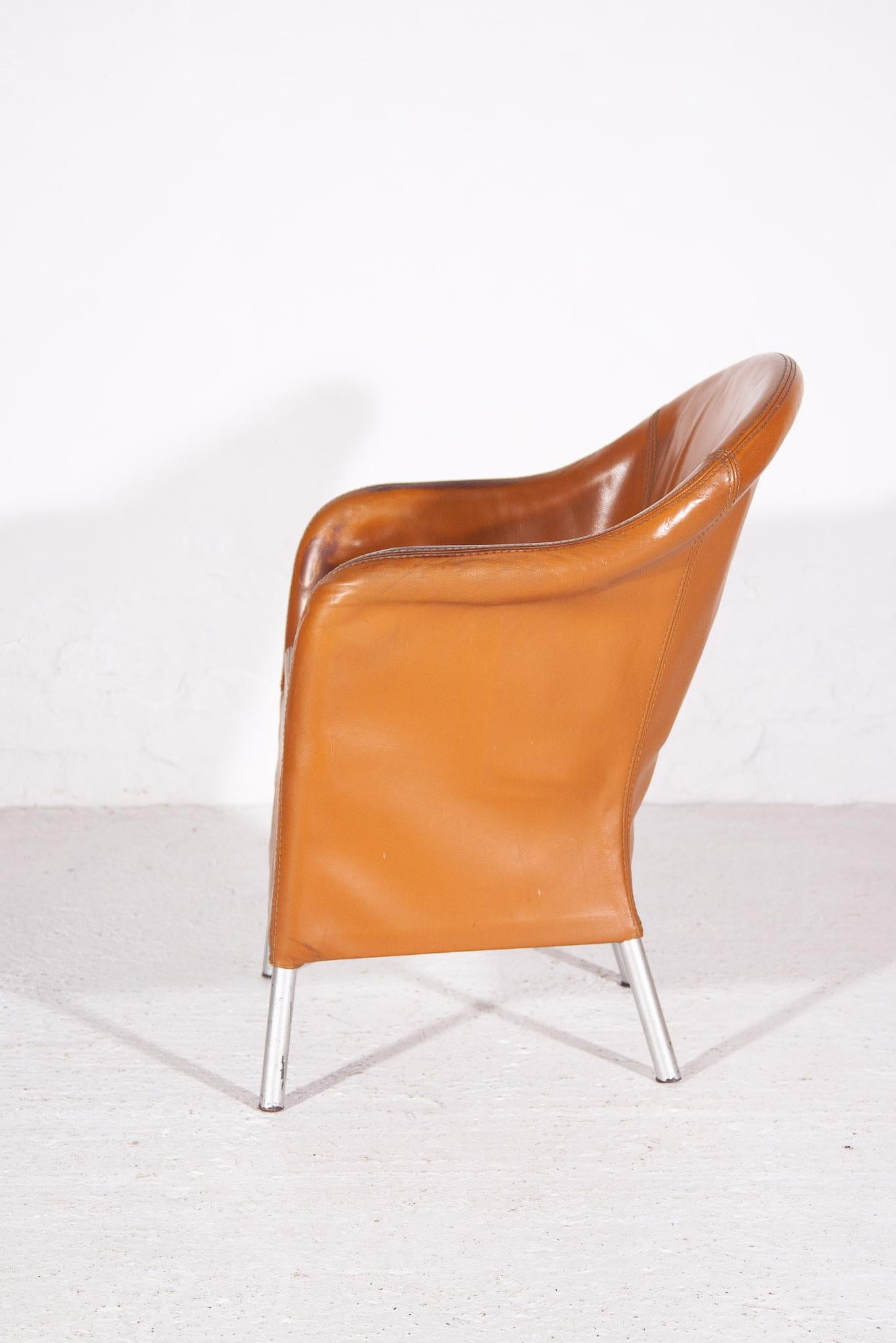 Mid-Century Modern Durlet, made in Belgium Arm Chairs in Camel leather. For Sale