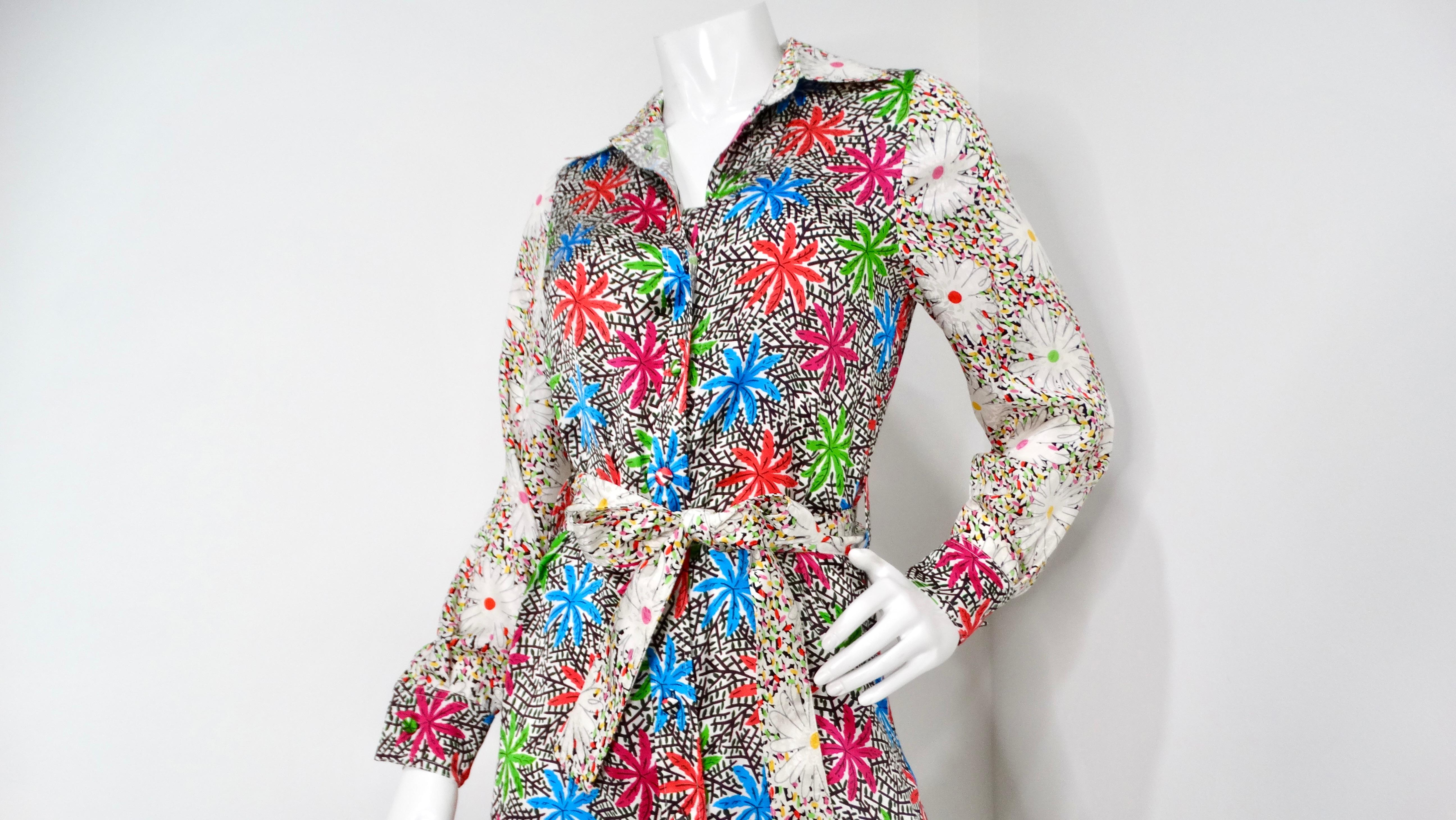 Gray Duro Olowu Bright Flower Print Silk Long Sleeve Belted Button-Up Dress For Sale