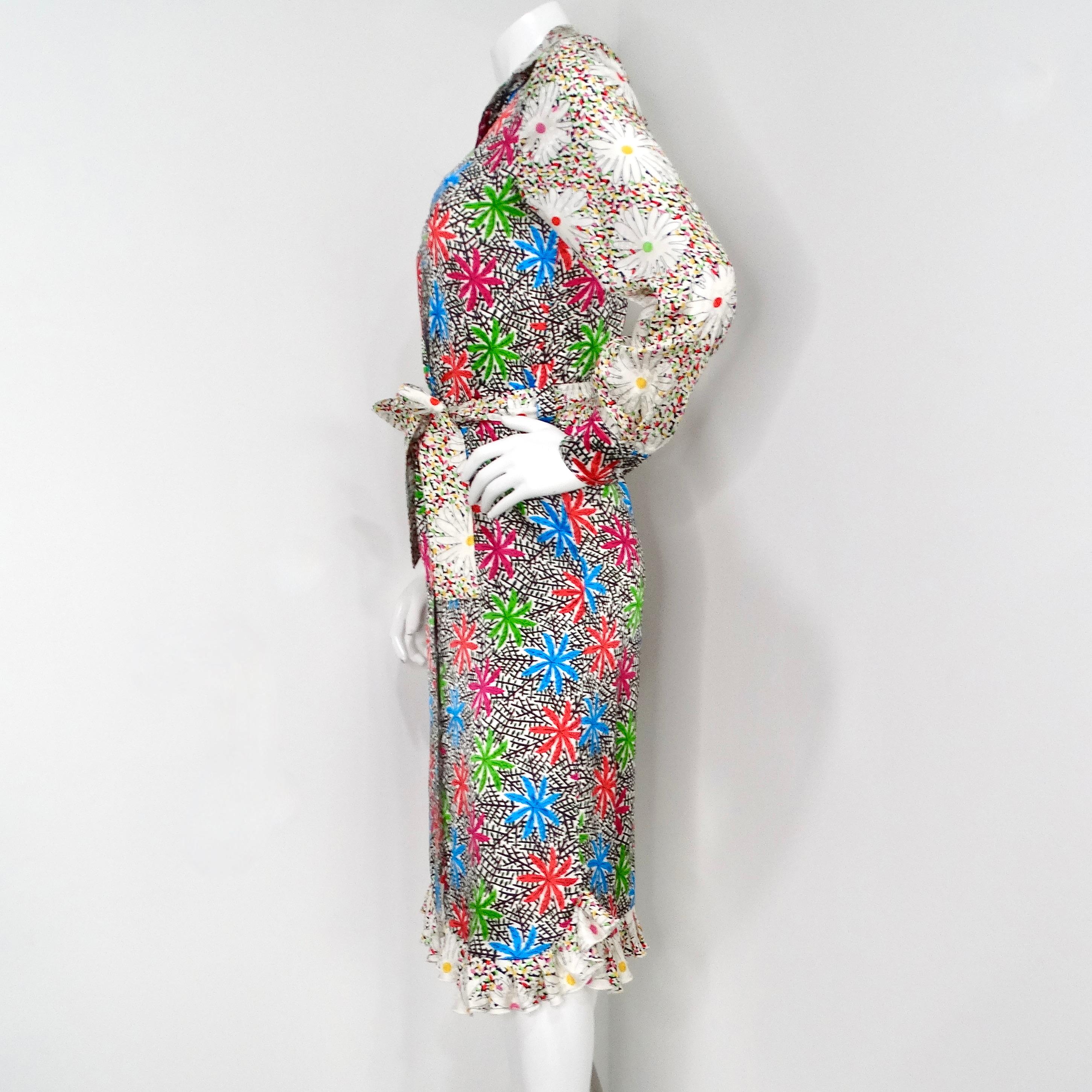 Women's Duro Olowu Bright Flower Print Silk Long Sleeve Belted Button-Up Dress For Sale