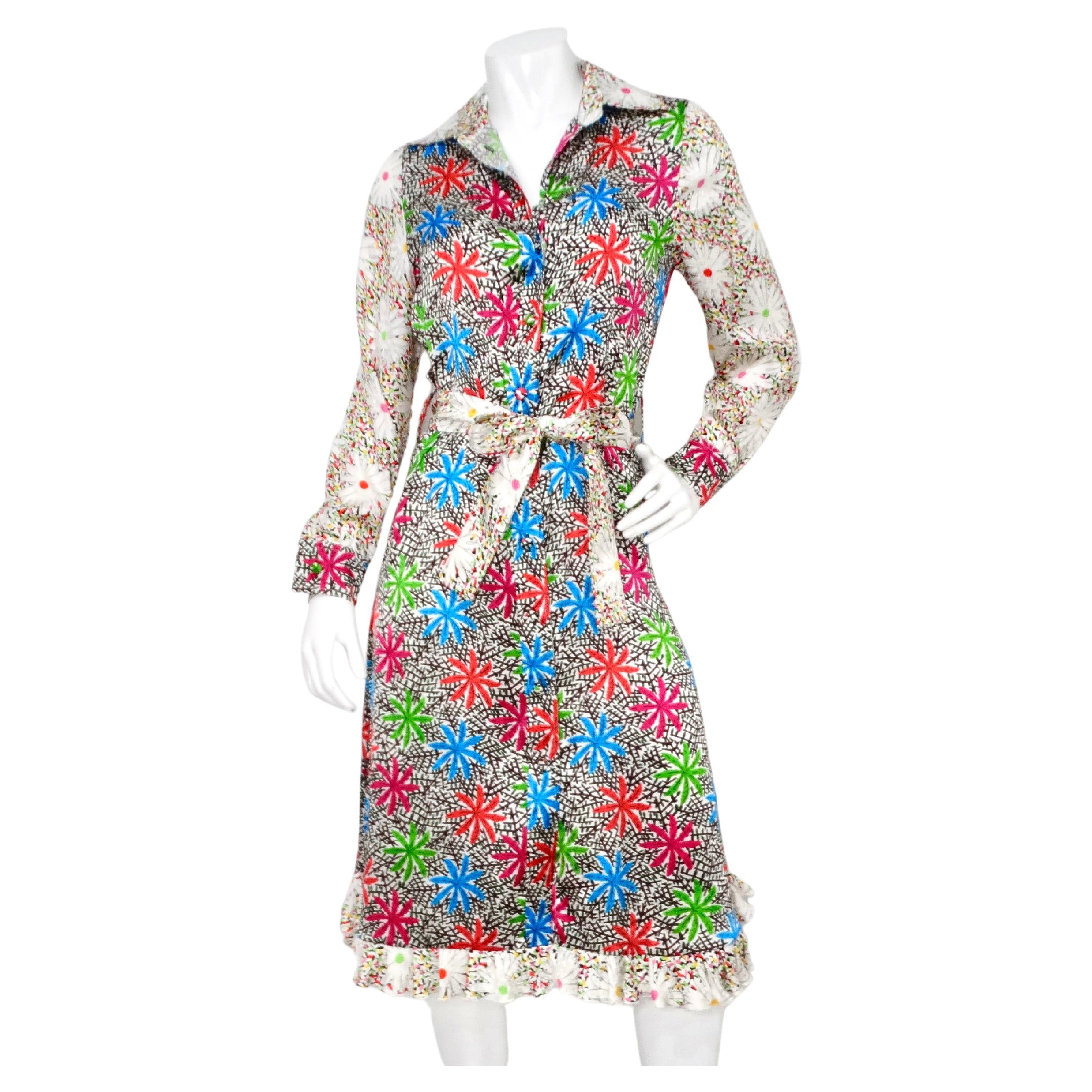 Duro Olowu Bright Flower Print Silk Long Sleeve Belted Button-Up Dress For Sale