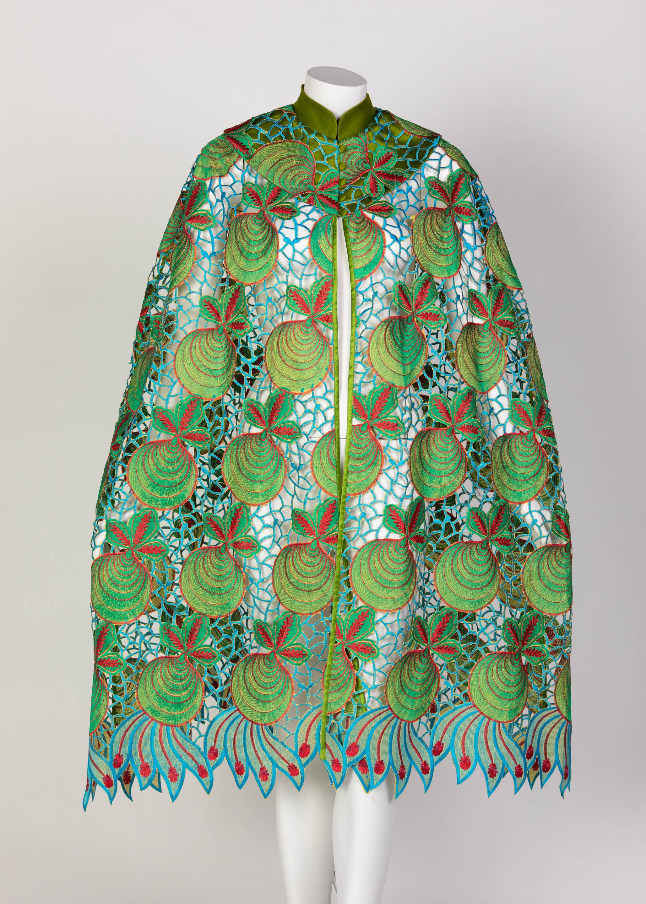 Women's Duro Olowu Green Blue Red Cut Out Silk Lace Cape, 2012 For Sale