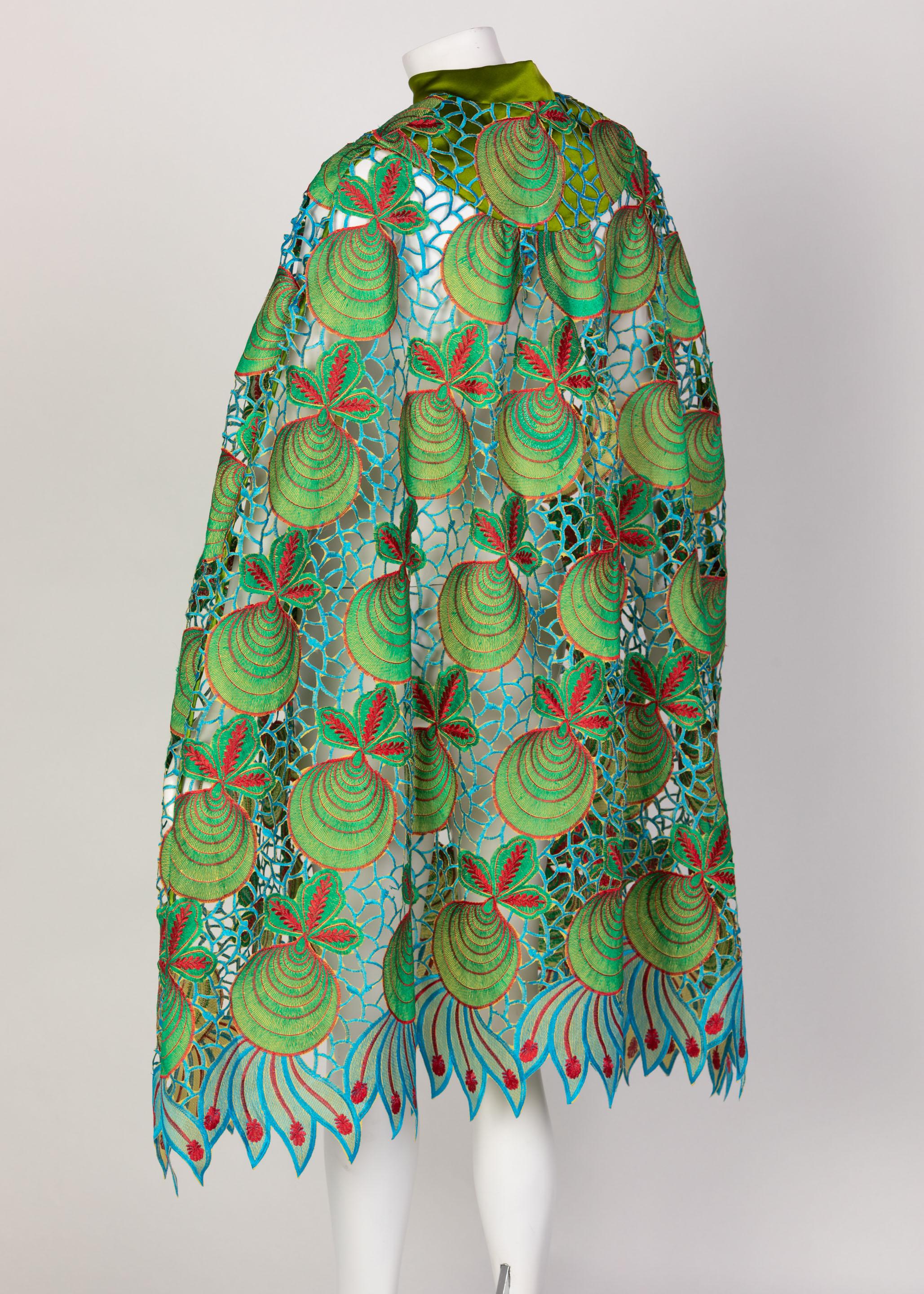 Women's Duro Olowu Green Blue Red Cut Out Silk Lace Cape, 2012 For Sale