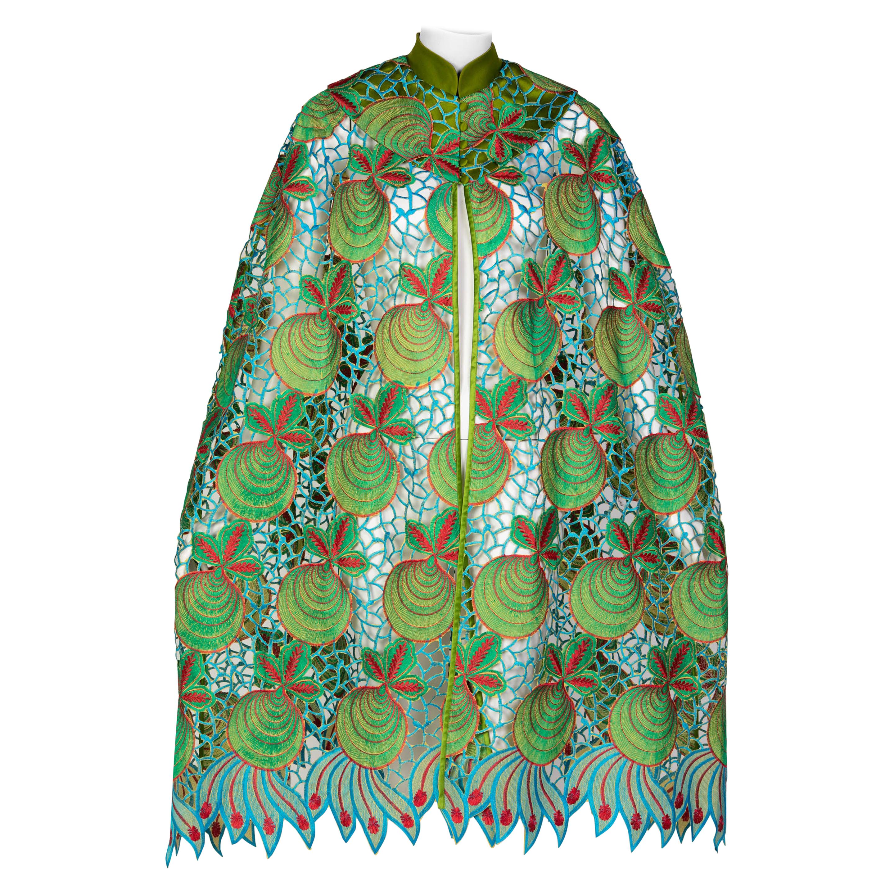 Duro Olowu Green Blue Red Cut Out Silk Lace Cape, 2012 For Sale