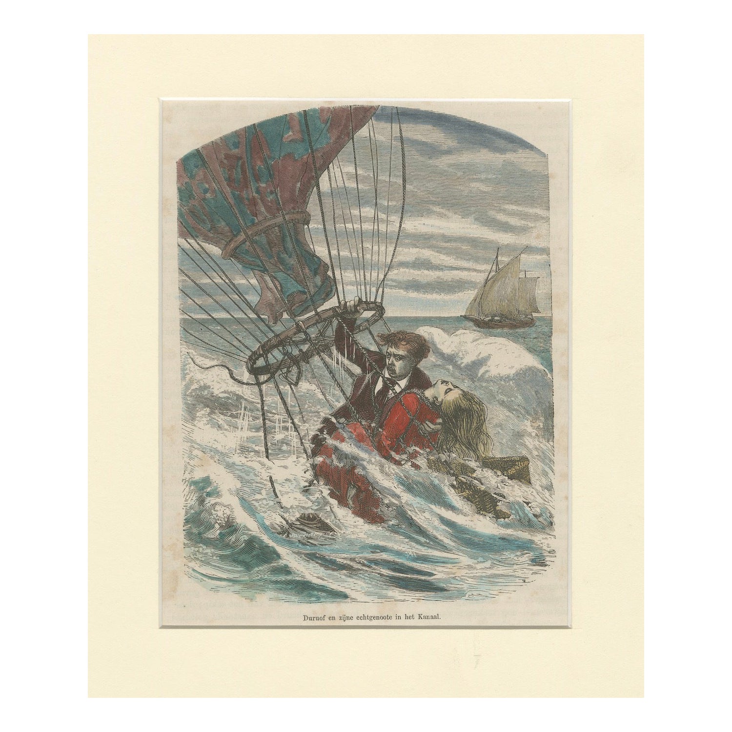 Durouf & Wife's Channel Balloon Crash - Handkolorierter Stich aus dem 19. im Angebot