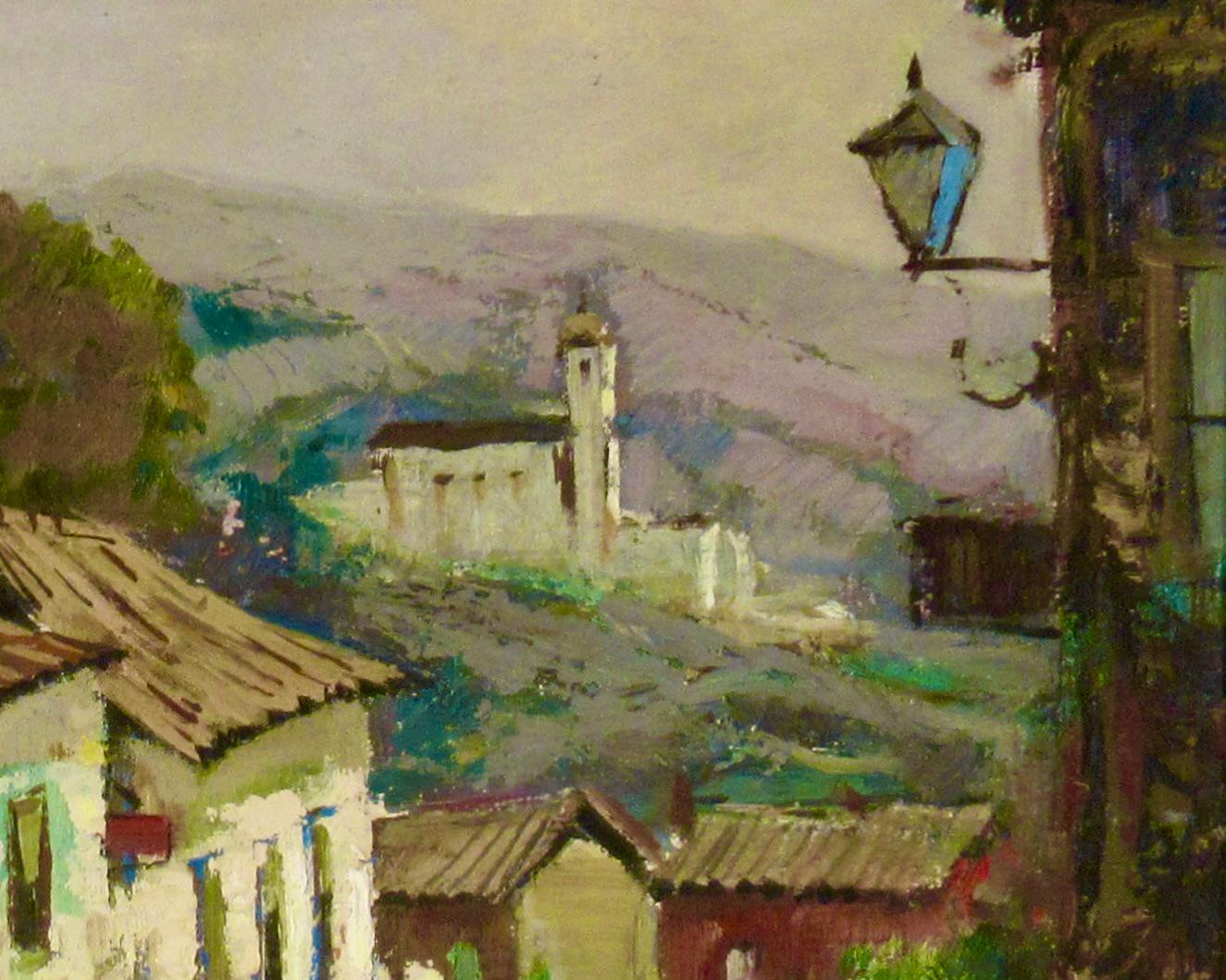 Scène de village avec Church's - Gris Figurative Painting par DURVAL PEREIRA