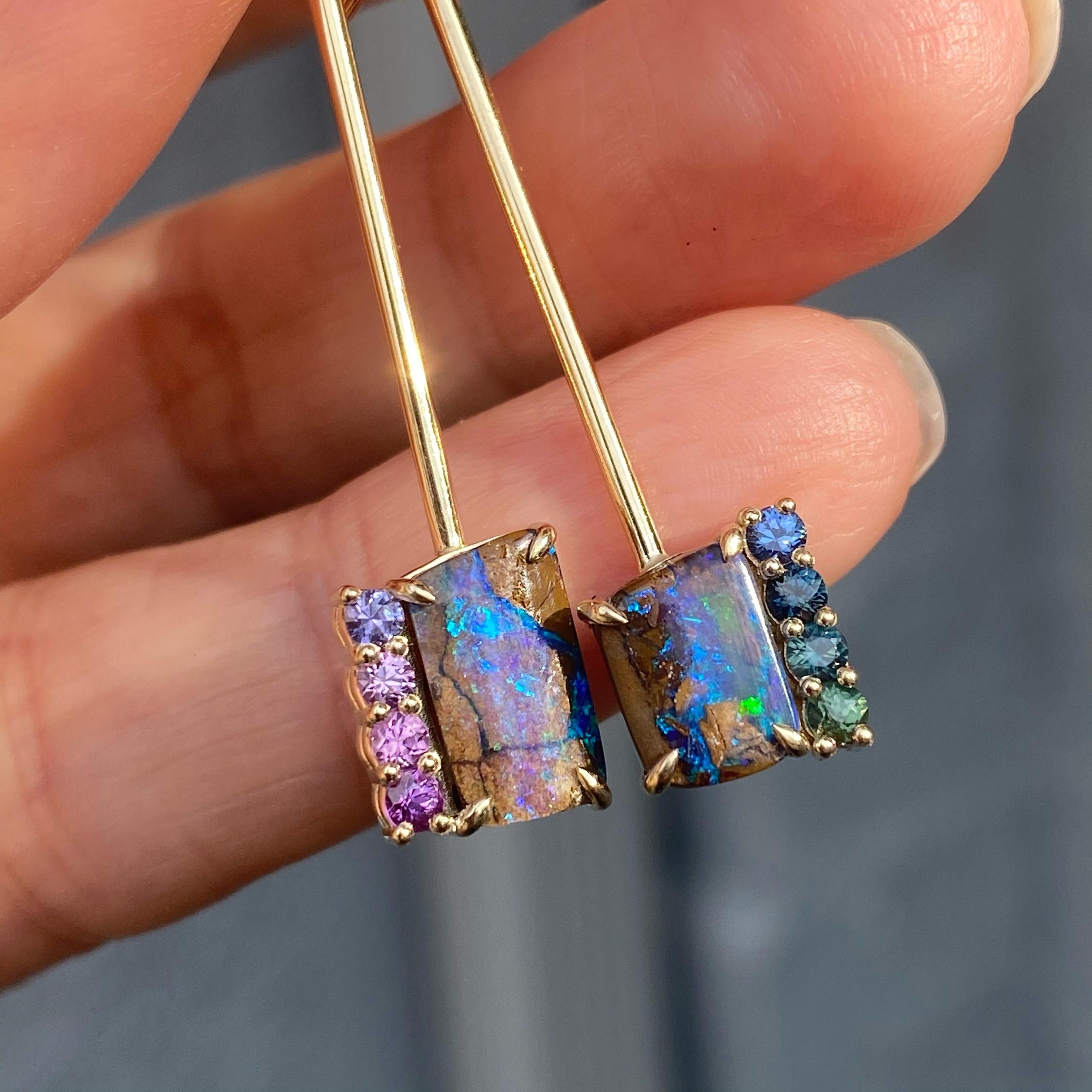 Contemporary Dusk to Dreams Sapphire and Purple Opal Gold Drop Earrings by NIXIN Jewelry For Sale