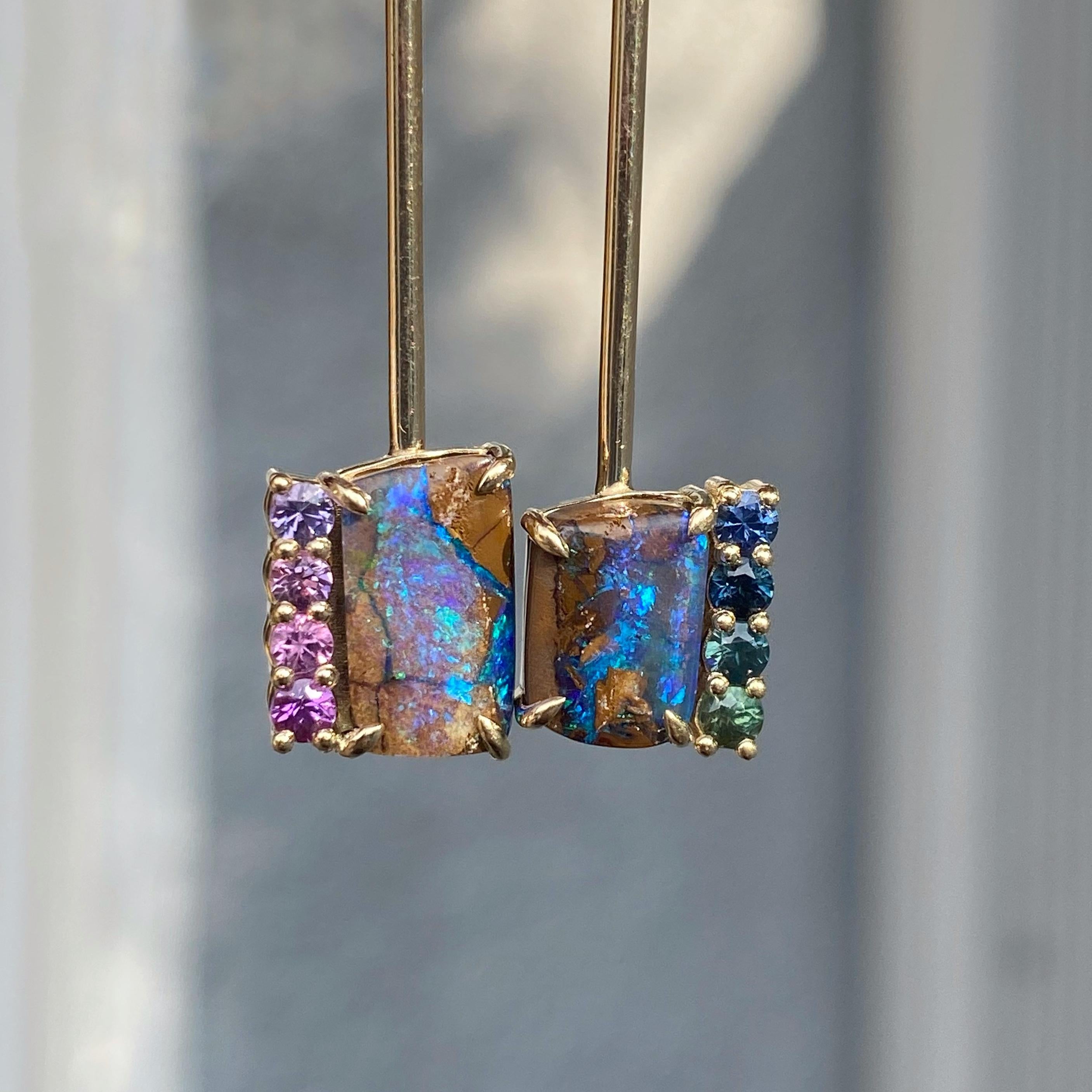 Brilliant Cut Dusk to Dreams Sapphire and Purple Opal Gold Drop Earrings by NIXIN Jewelry For Sale