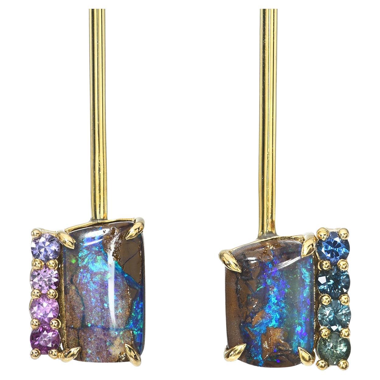 Dusk to Dreams Sapphire and Purple Opal Gold Drop Earrings by NIXIN Jewelry For Sale