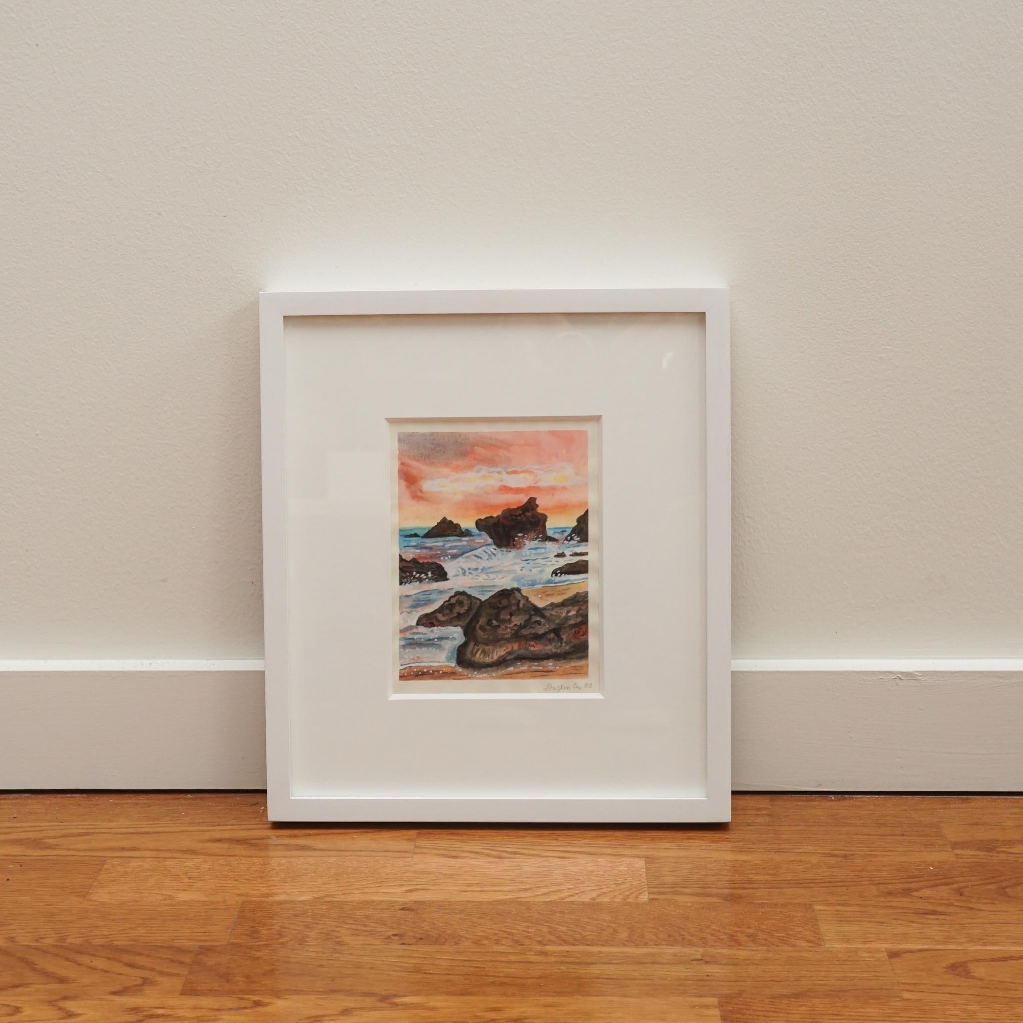 Der in Toronto ansässige Grafikdesigner und Künstler Dustin Cox zeigt seine Fähigkeiten als Aquarellist in diesem felsigen Strandaquarell mit dem Titel 