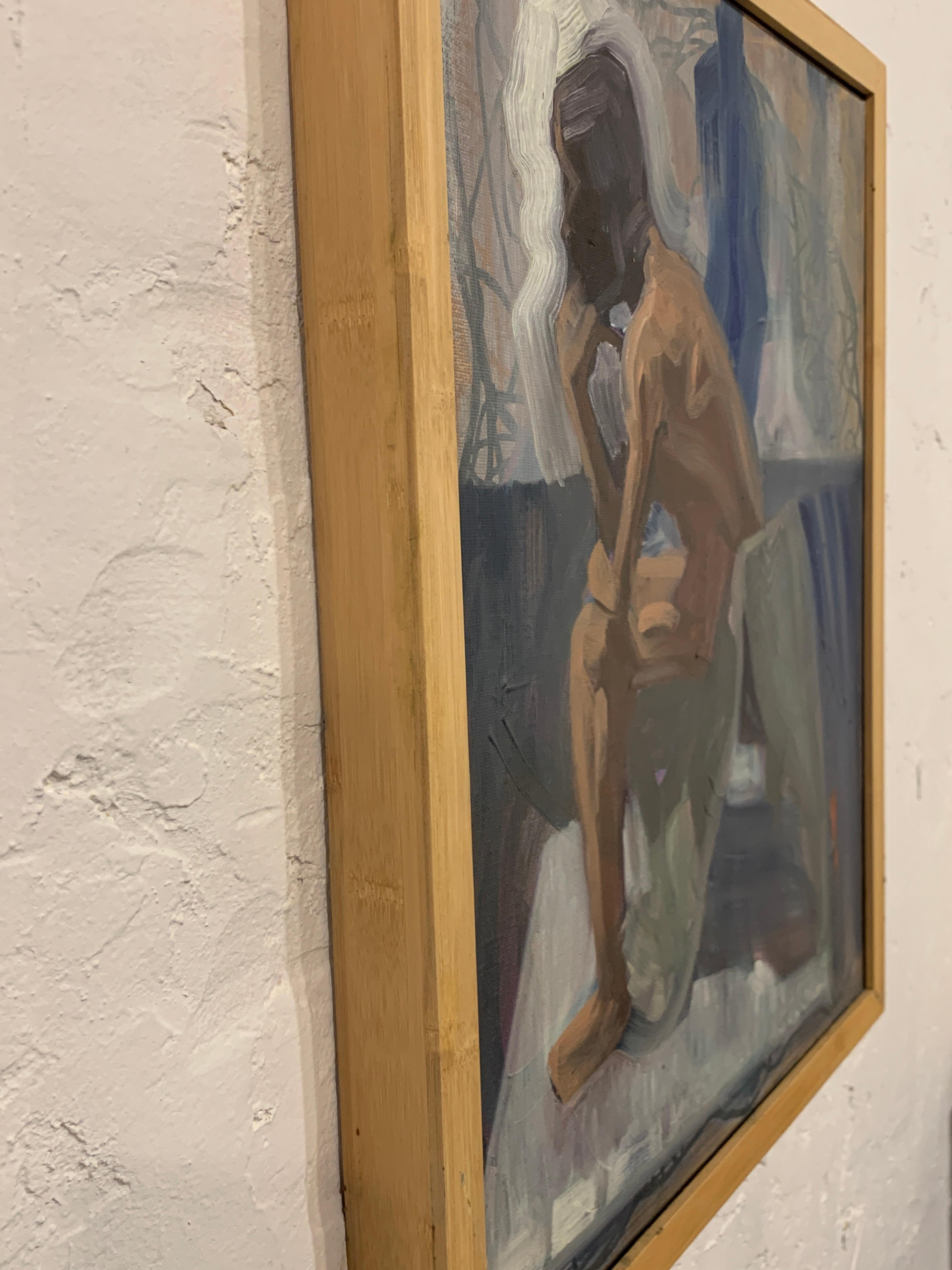 LIKE THE COLOR OF LICHEN - Figurative Painting, Blue, Wood Frame, Male Nude 1