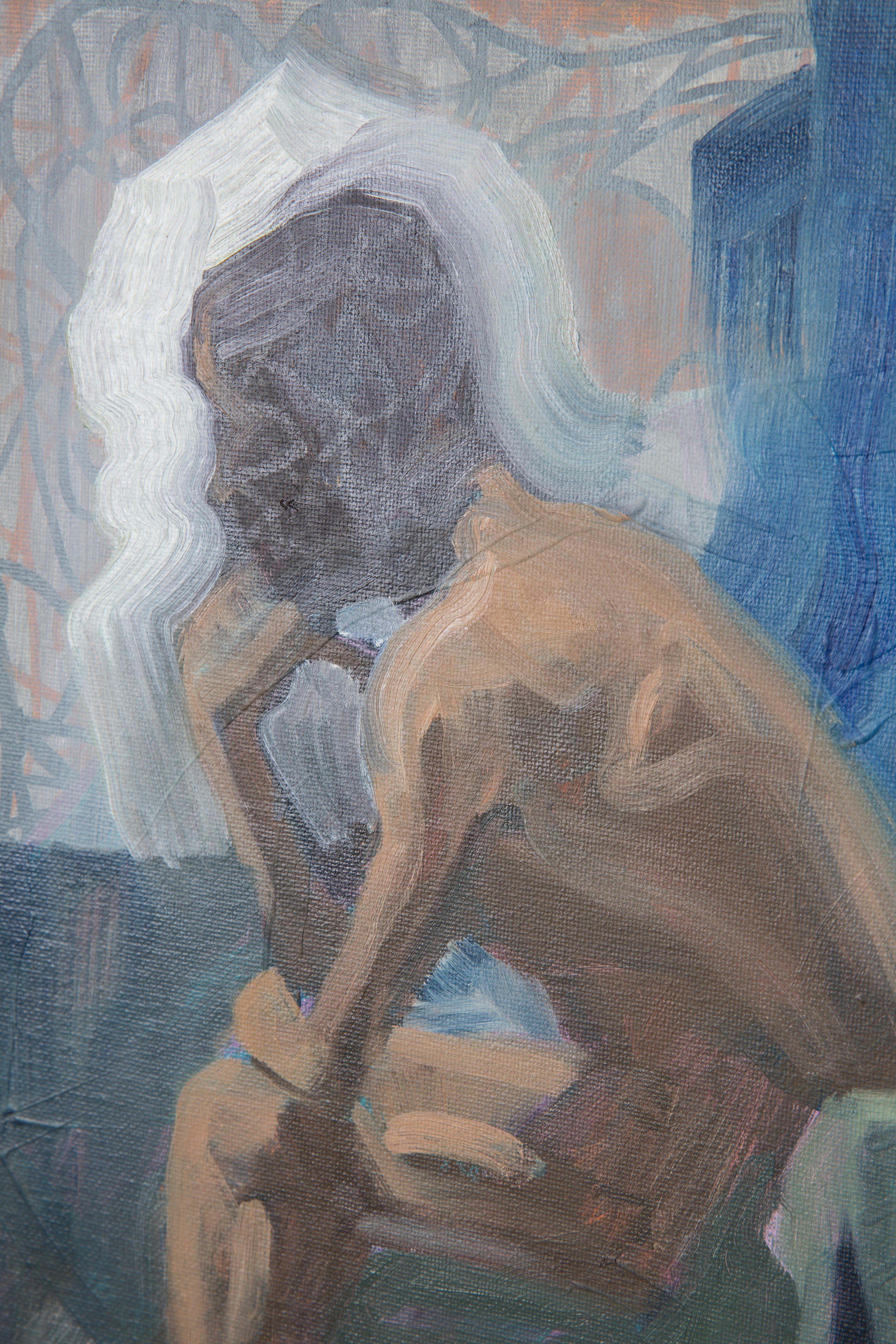 LIKE THE COLOR OF LICHEN - Figurative Painting, Blue, Wood Frame, Male Nude 2