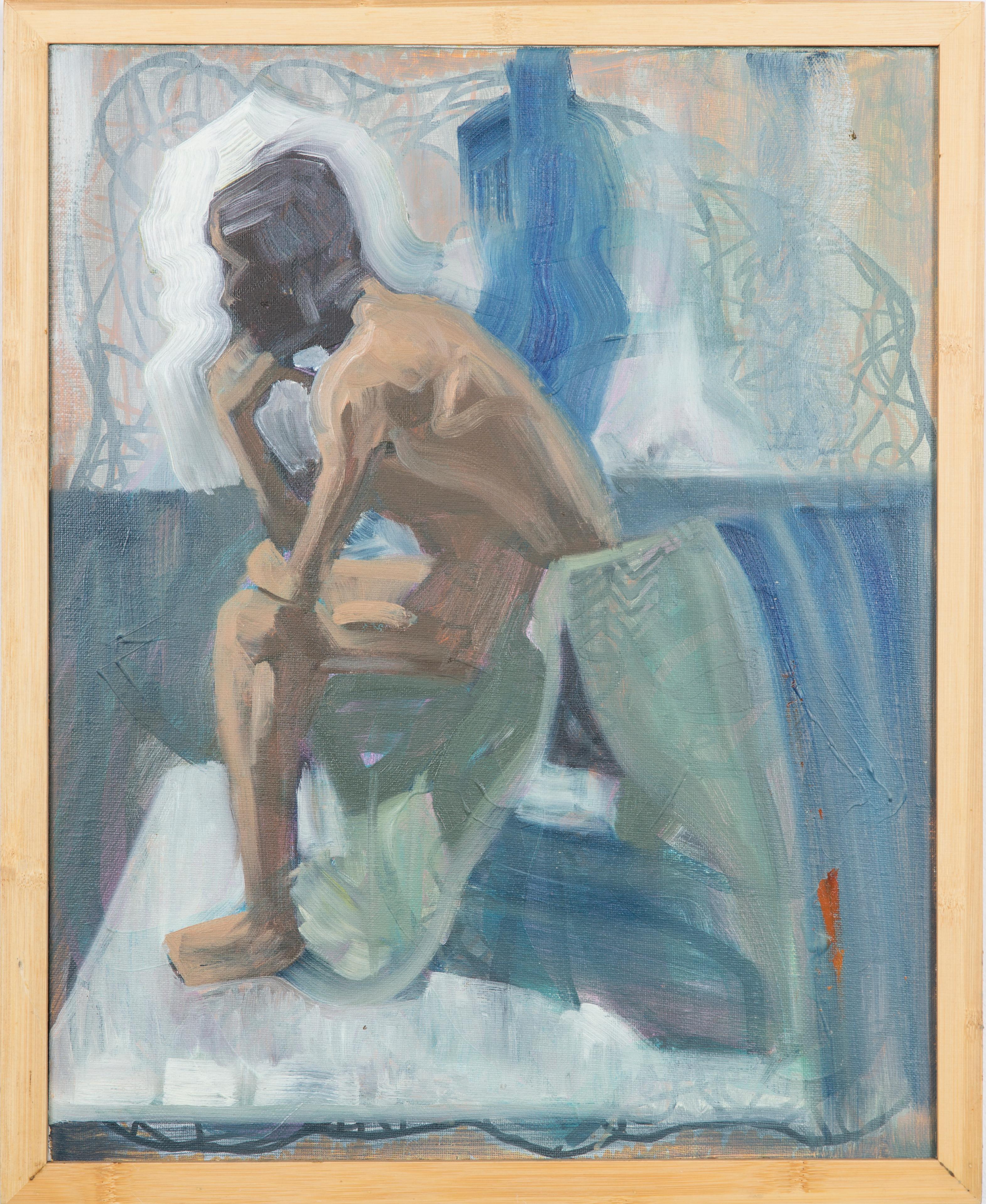 Dustin Hedrick Nude Painting - LIKE THE COLOR OF LICHEN - Figurative Painting, Blue, Wood Frame, Male Nude