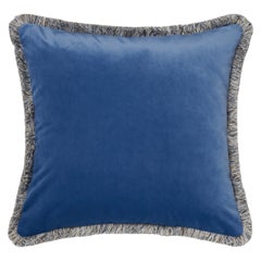 Dusty Blue Velvet Cushion with Mélange Fringe, Made in Como, Italy
