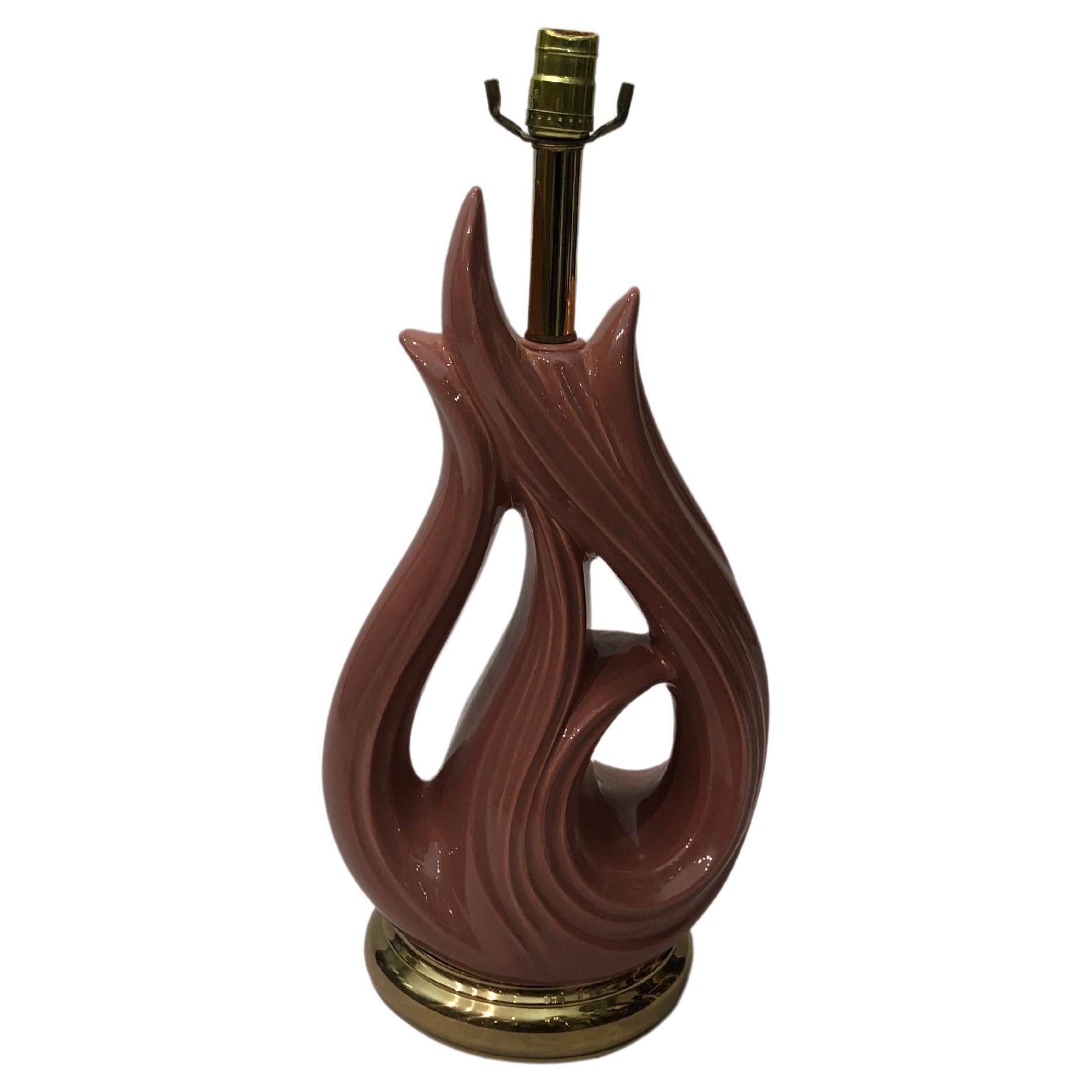 Dusty Pink Fire Ceramic Brass Table Lamp 1970s Vintage Mid Century Modern