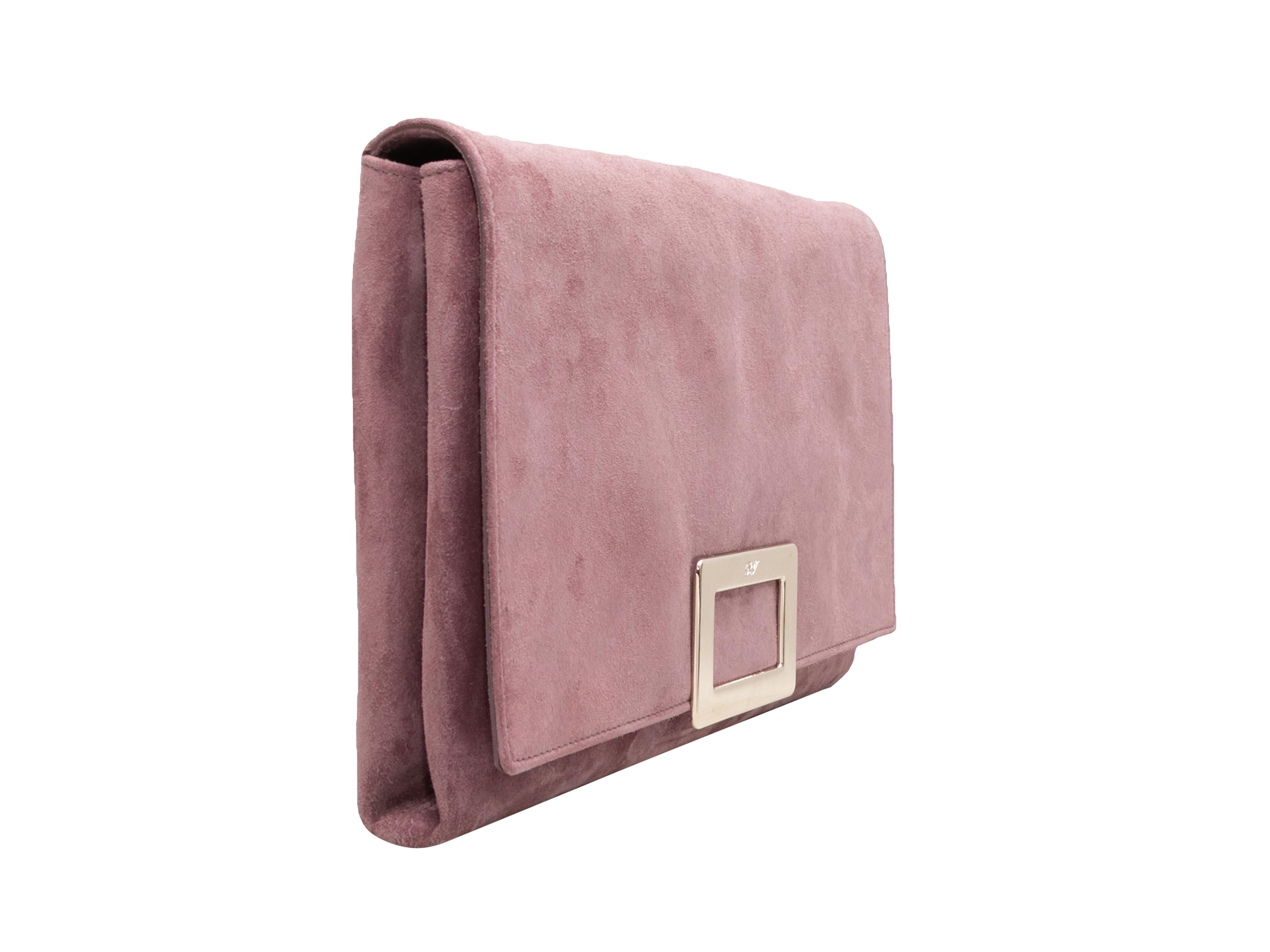 Dusty Purple Roger Vivier Suede Pochette. This pochette features a suede body, gold-tone hardware, optional strap, and a front flap closure. 11.5