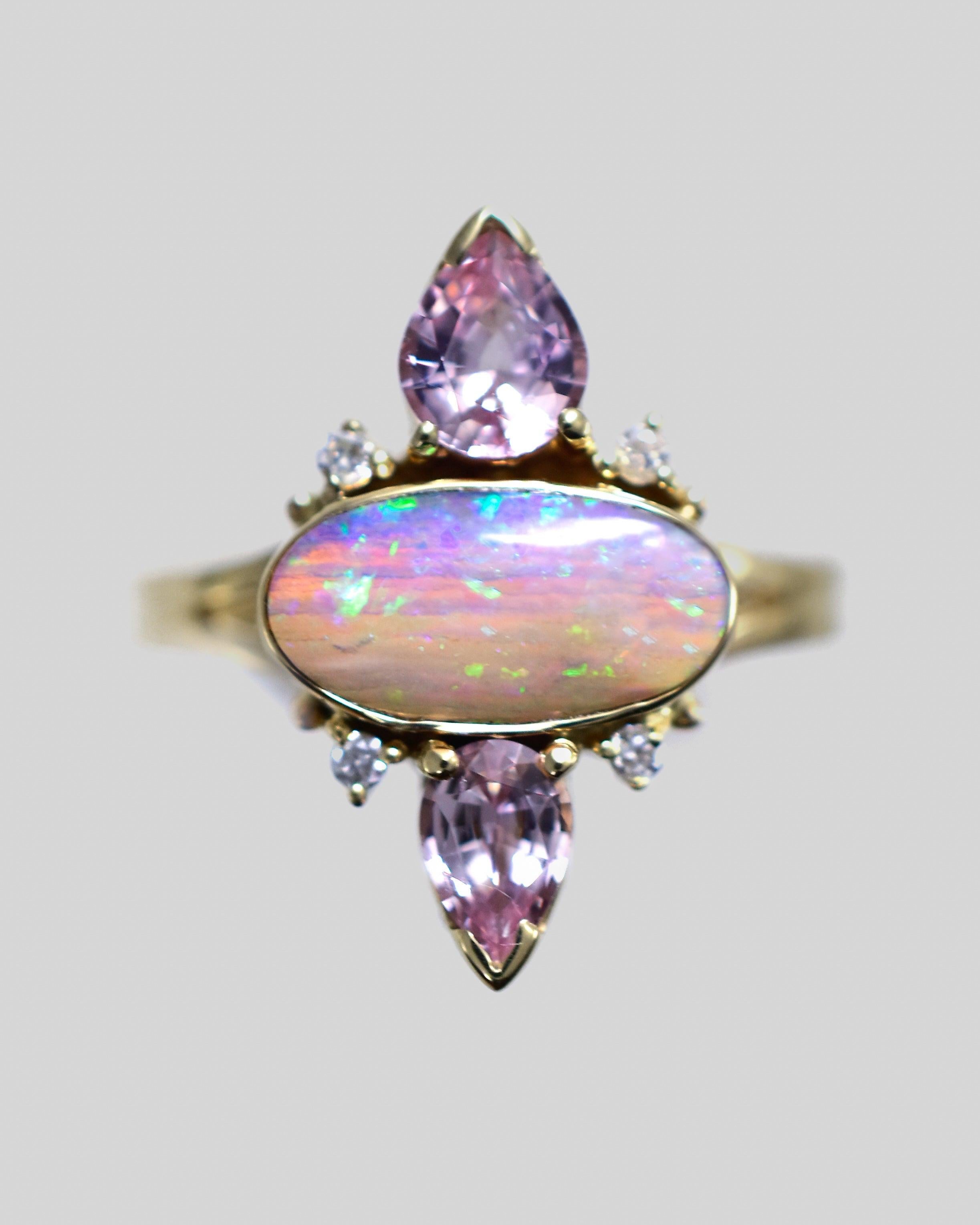 Cabochon Dusty Rose and Lavender Opal Trinity Ring with Soft Pink Sapphires and Diamonds
