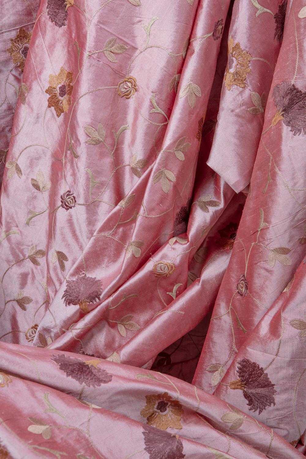 Dusty Rose Dupioni Silk, Finely Woven Hand Embroidered Designer House Fabric For Sale 3