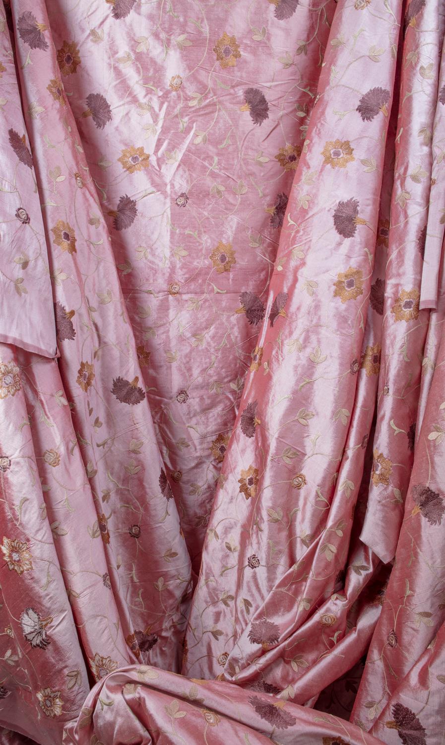 Dusty Rose Dupioni Silk, Finely Woven Hand Embroidered Designer House Fabric For Sale 5